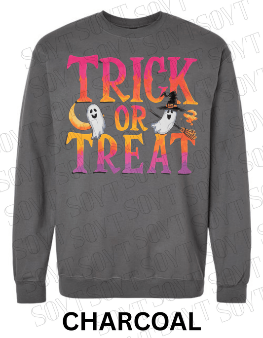 Trick or Treat Halloween Sweatshirt – Colorful Ghosts, Broom & Moon Lettering Fleece Pullover - Festive Apparel StoreCharcoal