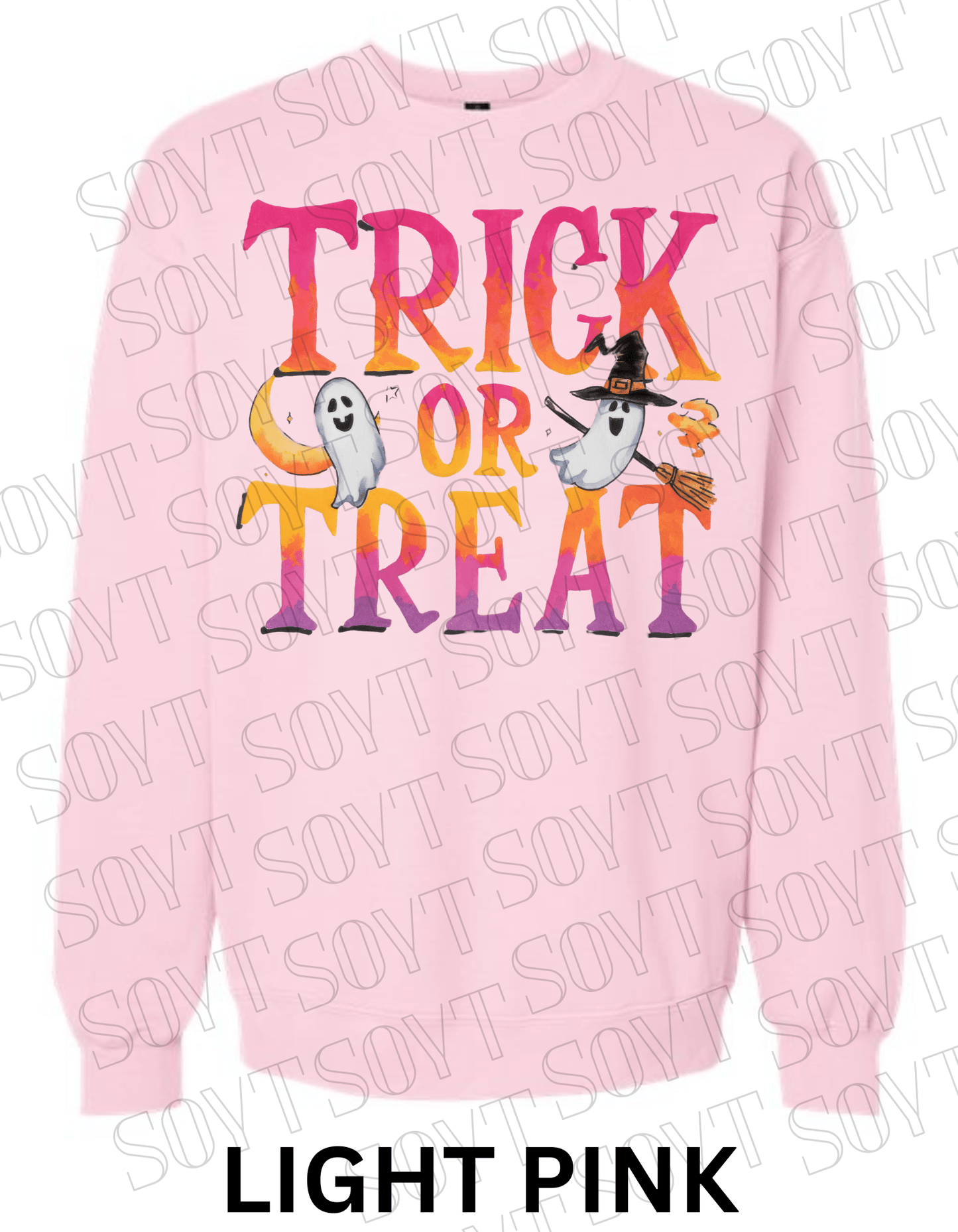 Trick or Treat Halloween Sweatshirt – Colorful Ghosts, Broom & Moon Lettering Fleece Pullover - Festive Apparel StoreLight Pink