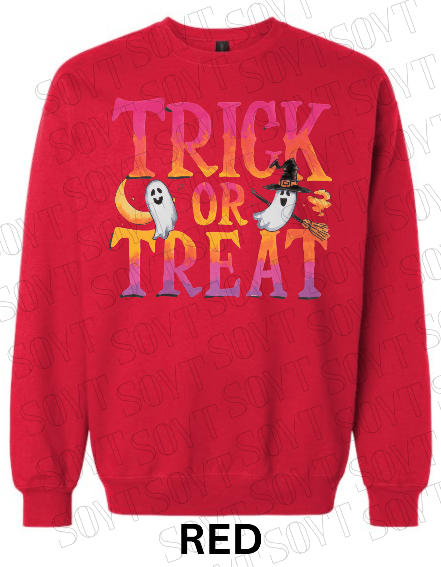 Trick or Treat Halloween Sweatshirt – Colorful Ghosts, Broom & Moon Lettering Fleece Pullover - Festive Apparel StoreRed