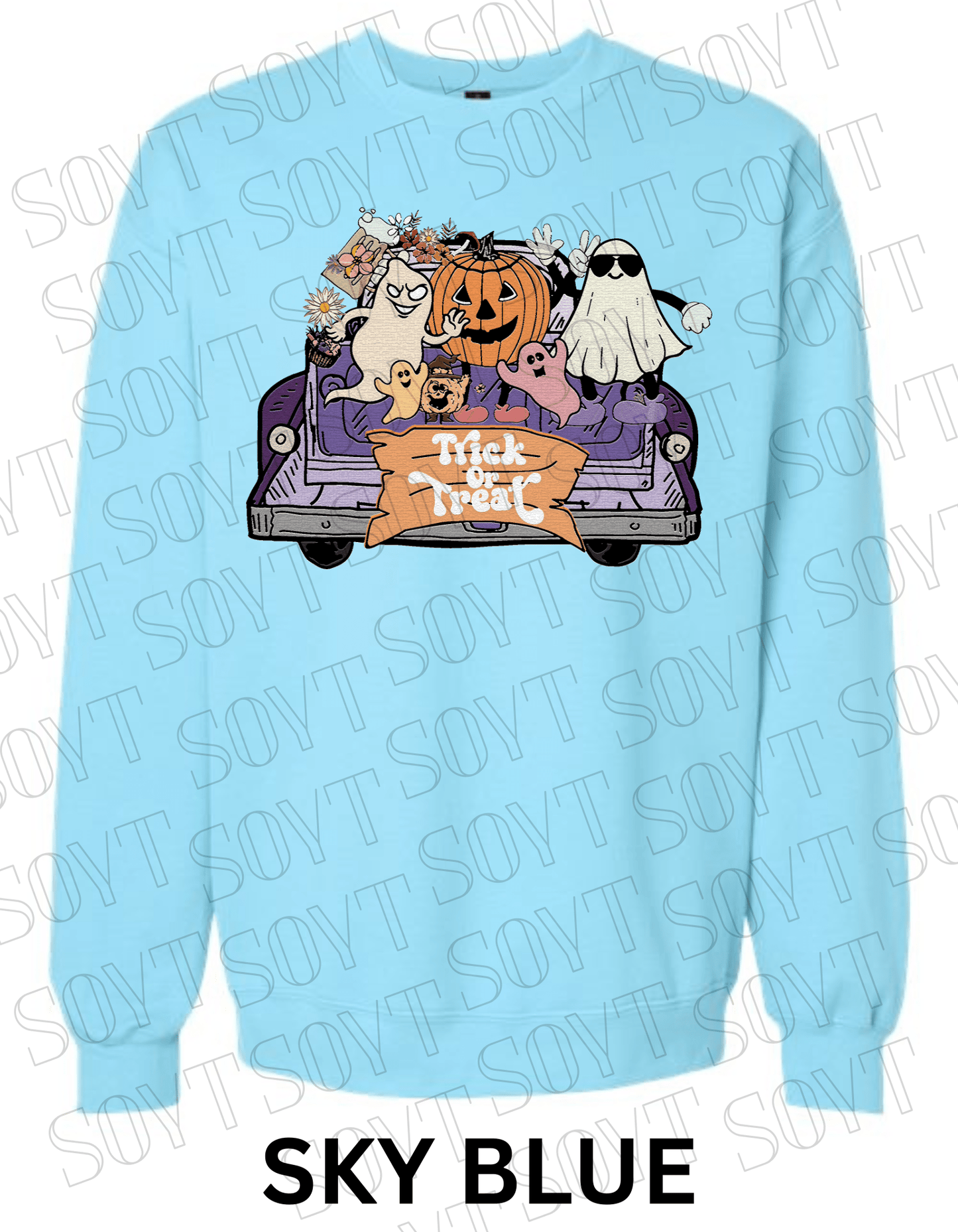 Trick or Treat Halloween Sweatshirt – Cute Ghosts, Pumpkin & Candy Truck Fleece Pullover - Festive Apparel StoreSky Blue