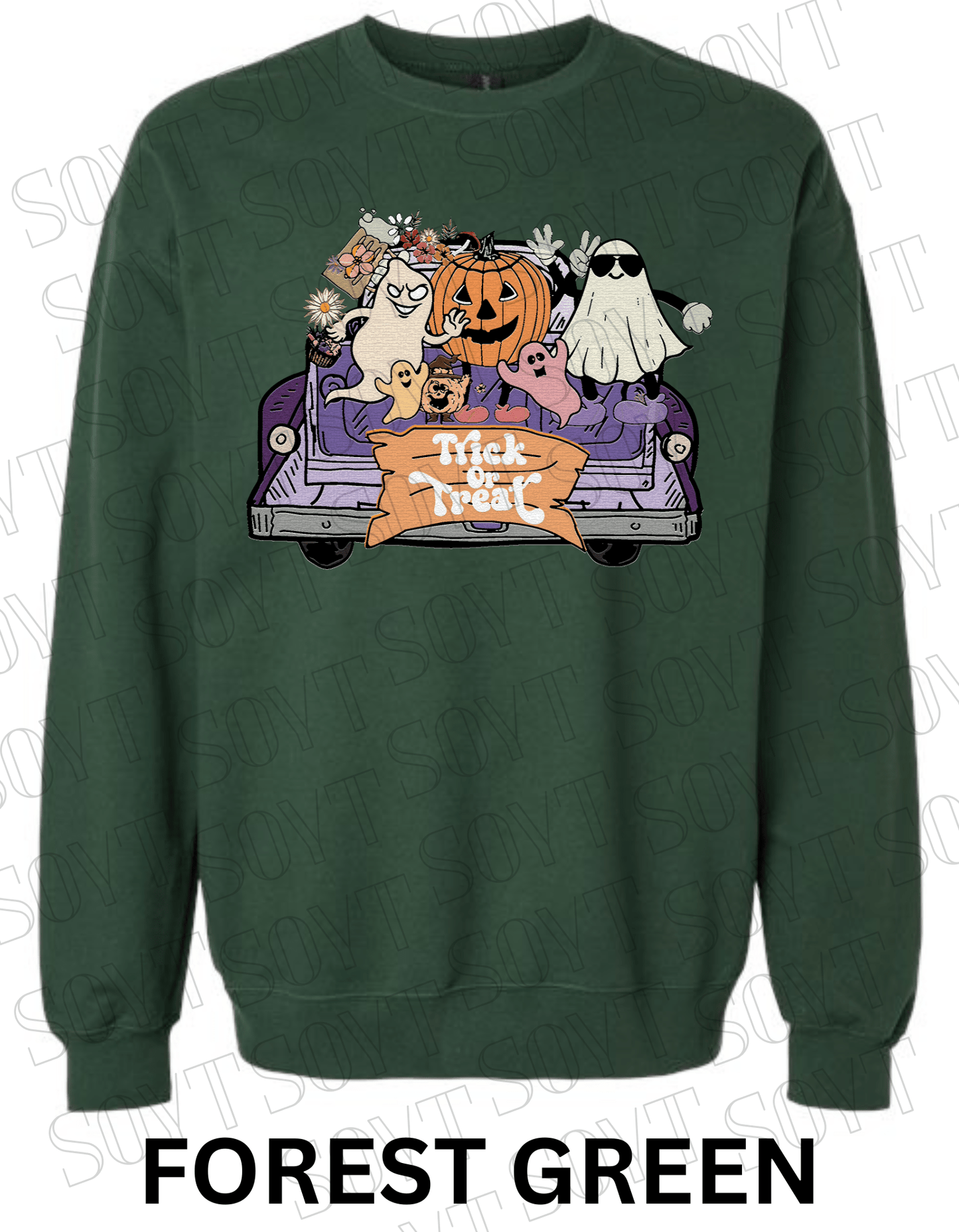 Trick or Treat Halloween Sweatshirt – Cute Ghosts, Pumpkin & Candy Truck Fleece Pullover - Festive Apparel StoreForest Green