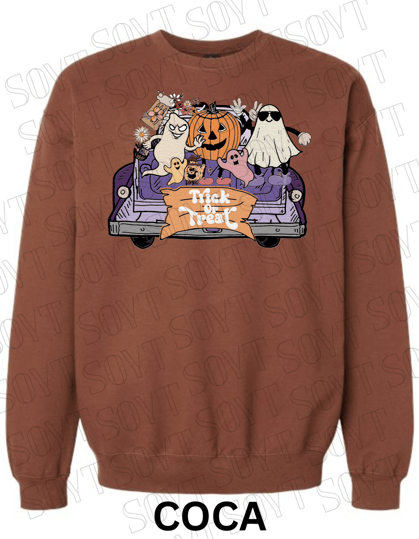 Trick or Treat Halloween Sweatshirt – Cute Ghosts, Pumpkin & Candy Truck Fleece Pullover - Festive Apparel StoreCocoa Brown