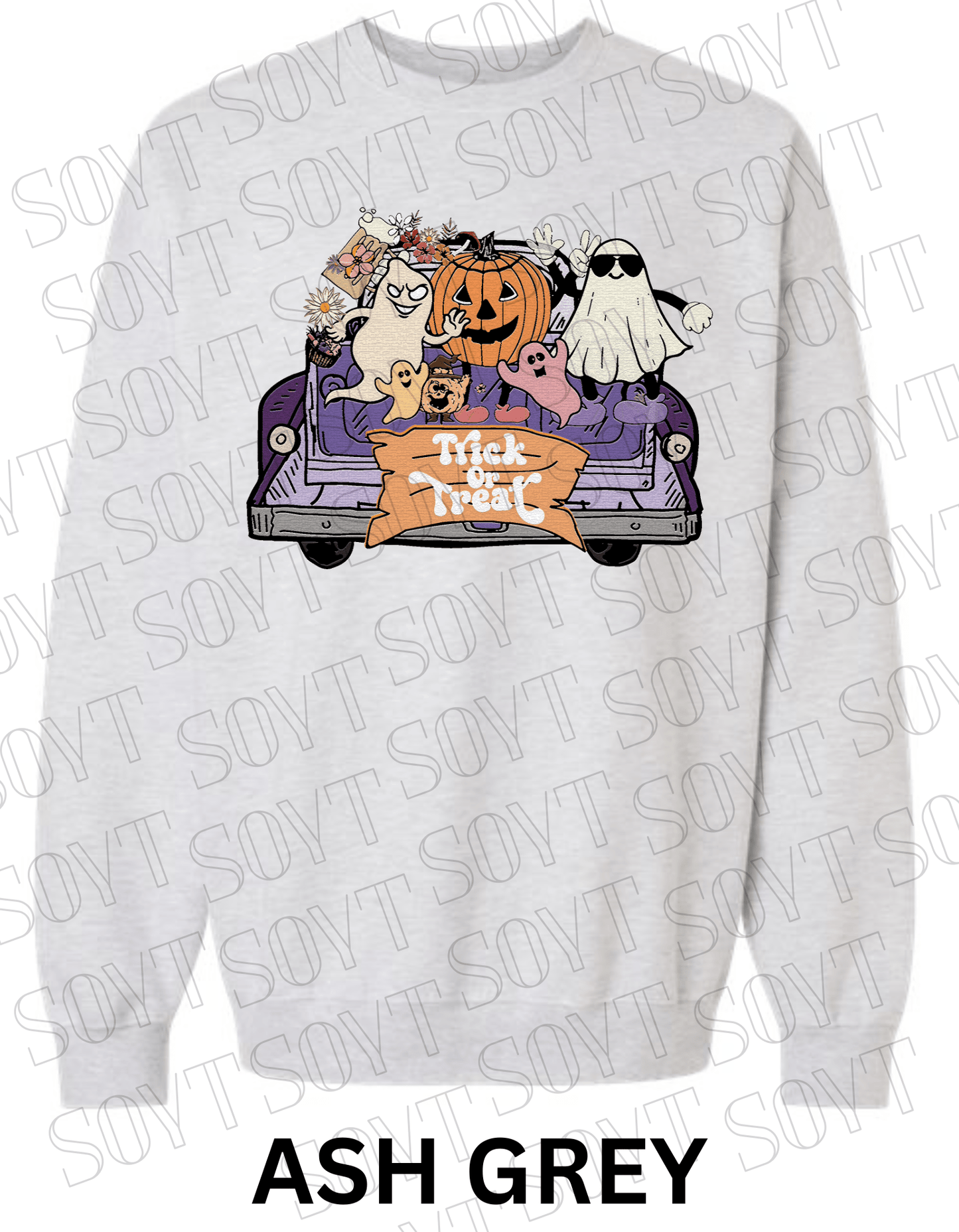 Trick or Treat Halloween Sweatshirt – Cute Ghosts, Pumpkin & Candy Truck Fleece Pullover - Festive Apparel StoreAsh Grey