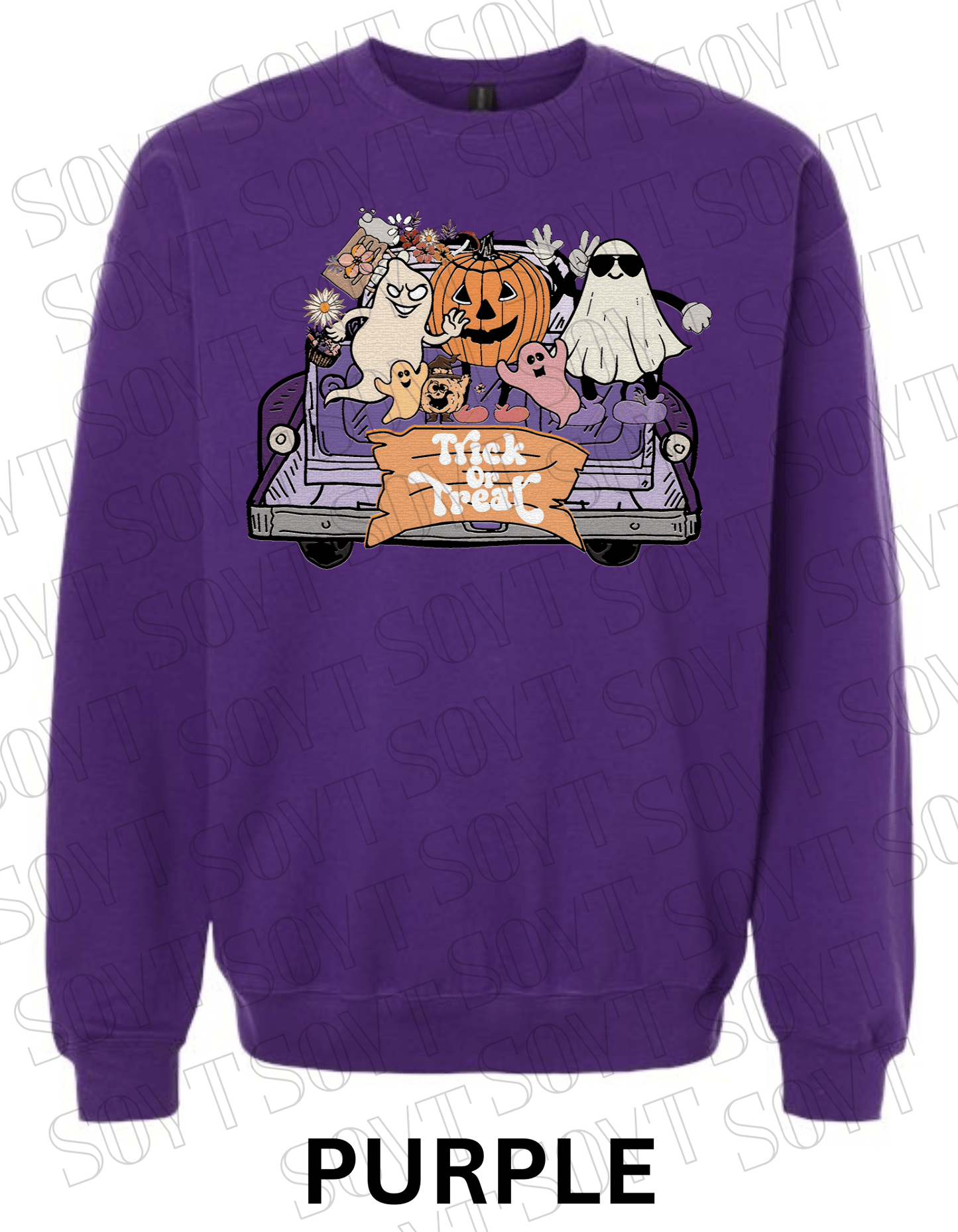 Trick or Treat Halloween Sweatshirt – Cute Ghosts, Pumpkin & Candy Truck Fleece Pullover - Festive Apparel StorePurple