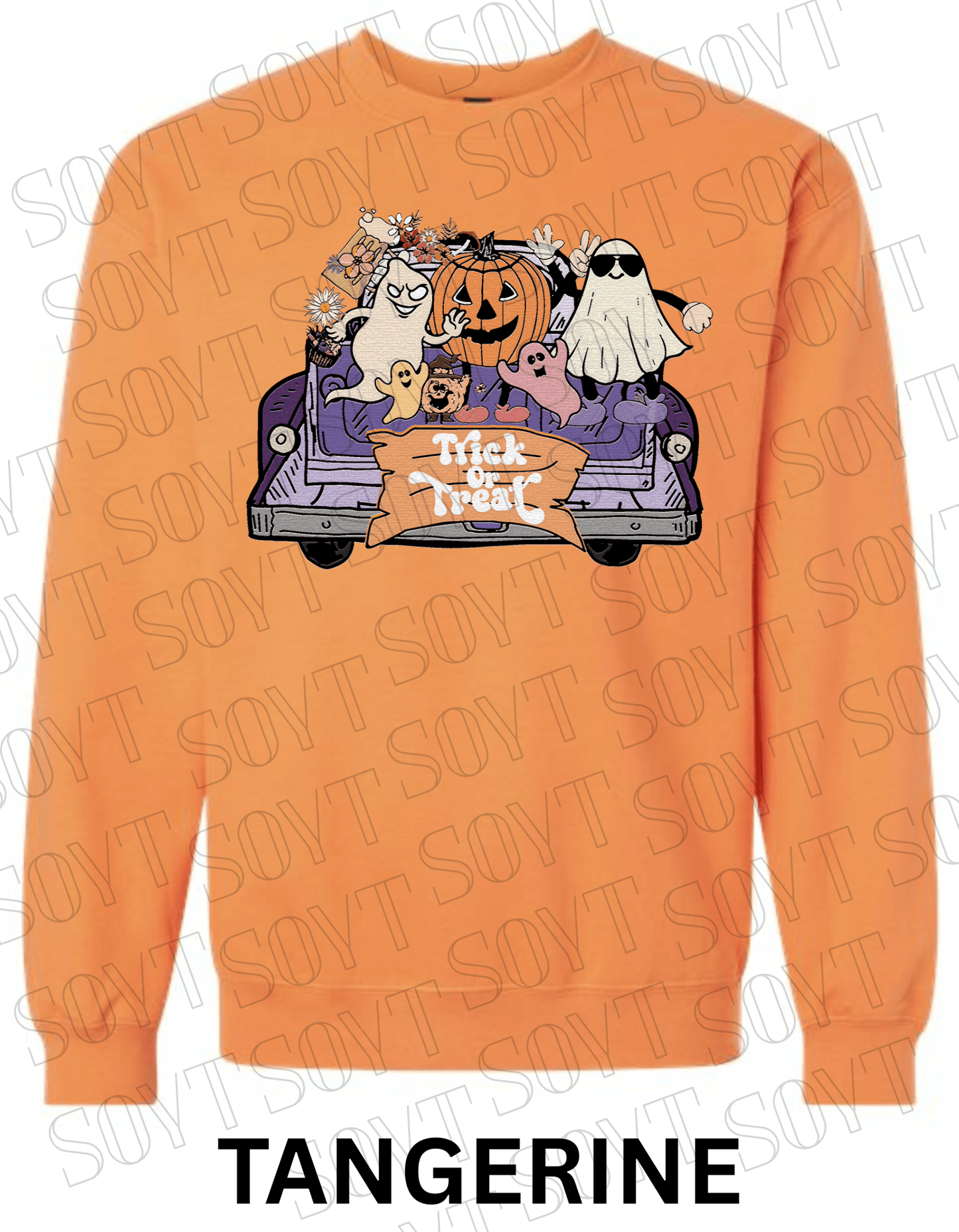Trick or Treat Halloween Sweatshirt – Cute Ghosts, Pumpkin & Candy Truck Fleece Pullover - Festive Apparel StoreTangerine