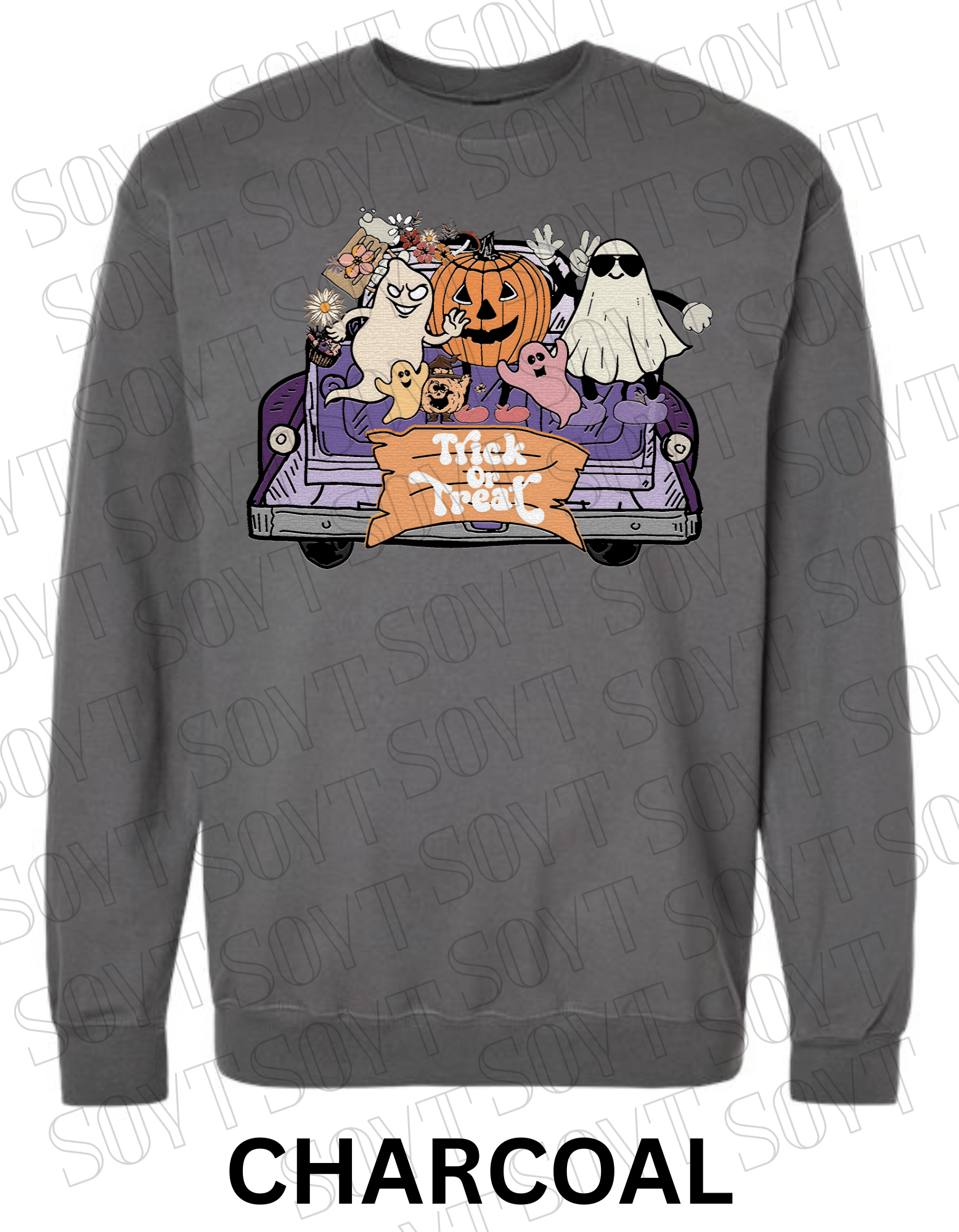 Trick or Treat Halloween Sweatshirt – Cute Ghosts, Pumpkin & Candy Truck Fleece Pullover - Festive Apparel StoreCharcoal