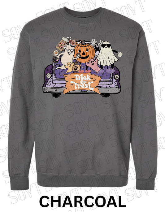 Trick or Treat Halloween Sweatshirt – Cute Ghosts, Pumpkin & Candy Truck Fleece Pullover - Festive Apparel StoreCharcoal