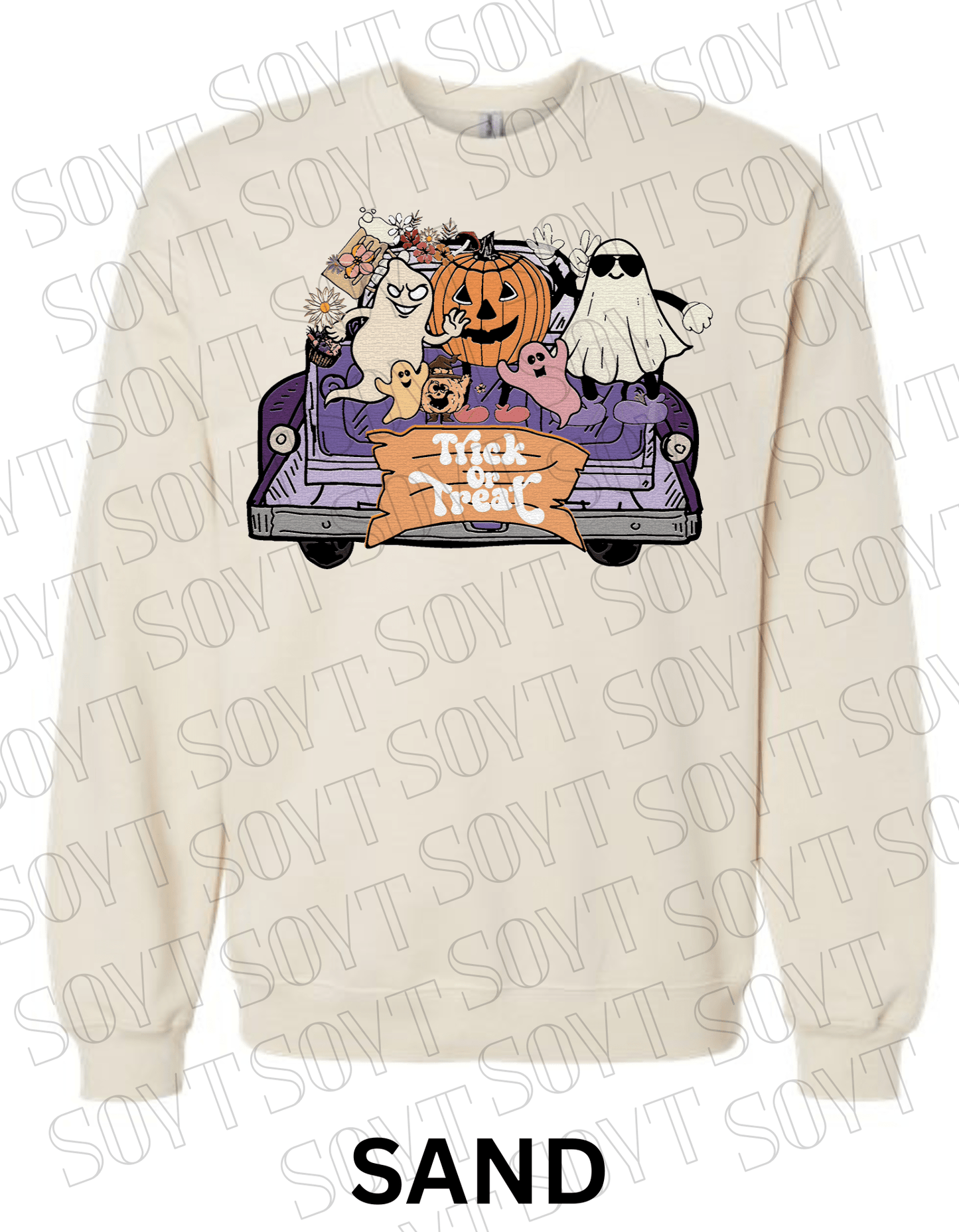 Trick or Treat Halloween Sweatshirt – Cute Ghosts, Pumpkin & Candy Truck Fleece Pullover - Festive Apparel StoreSand