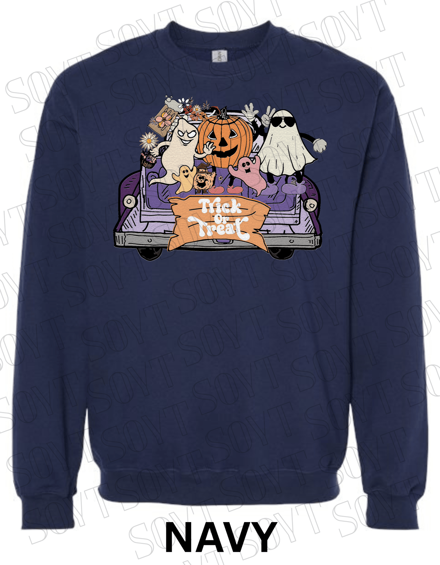 Trick or Treat Halloween Sweatshirt – Cute Ghosts, Pumpkin & Candy Truck Fleece Pullover - Festive Apparel StoreNavy Blue
