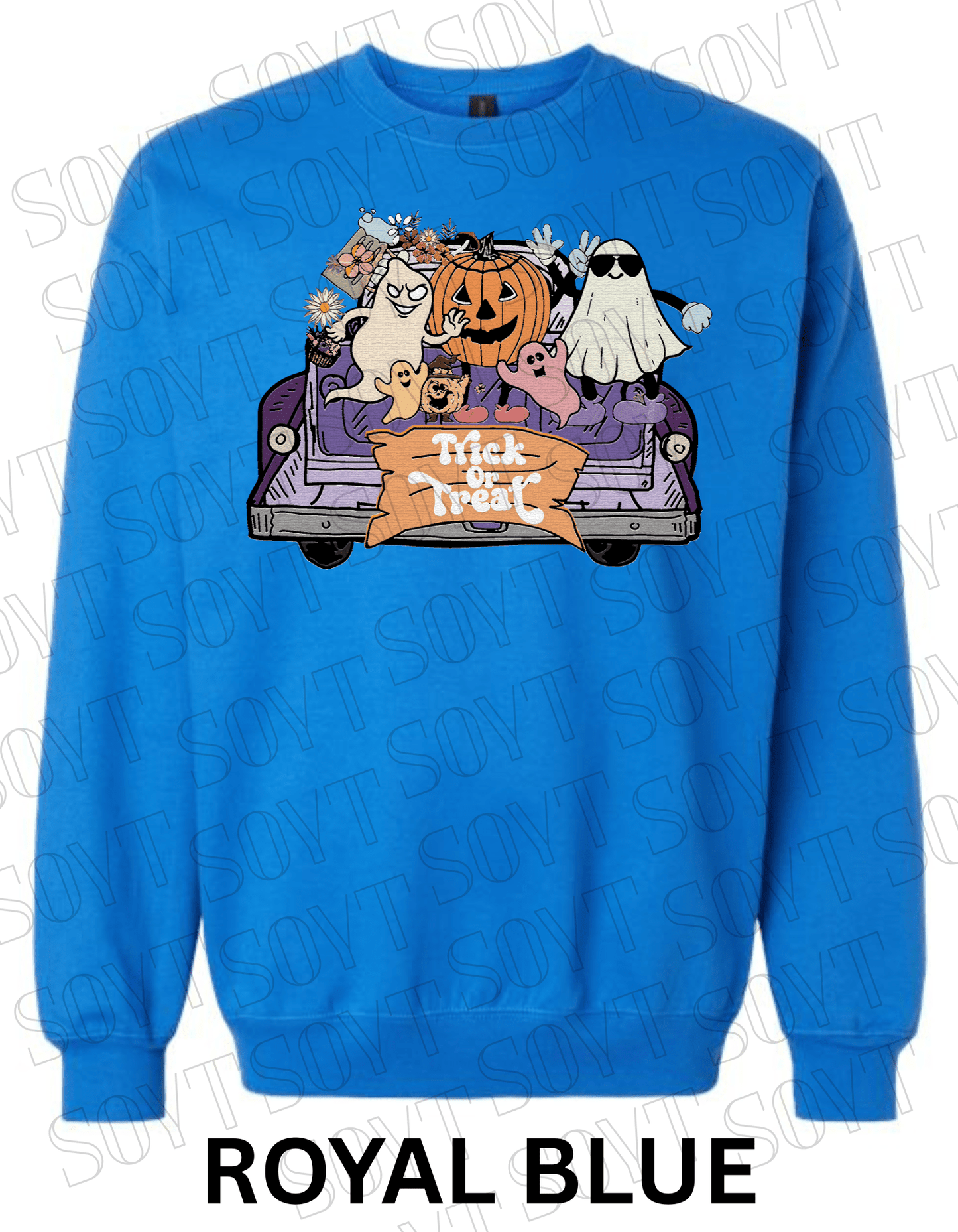 Trick or Treat Halloween Sweatshirt – Cute Ghosts, Pumpkin & Candy Truck Fleece Pullover - Festive Apparel StoreRoyal Blue