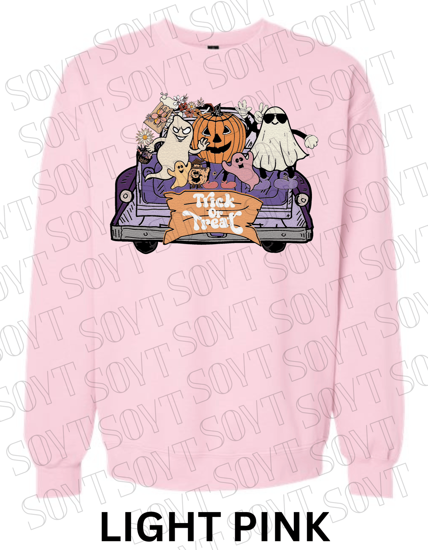 Trick or Treat Halloween Sweatshirt – Cute Ghosts, Pumpkin & Candy Truck Fleece Pullover - Festive Apparel StoreLight Pink