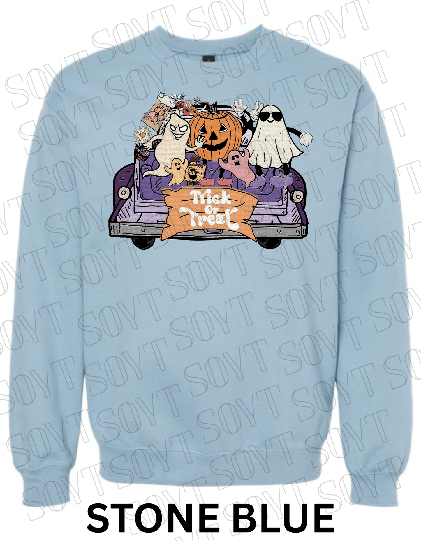 Trick or Treat Halloween Sweatshirt – Cute Ghosts, Pumpkin & Candy Truck Fleece Pullover - Festive Apparel StoreStone Blue