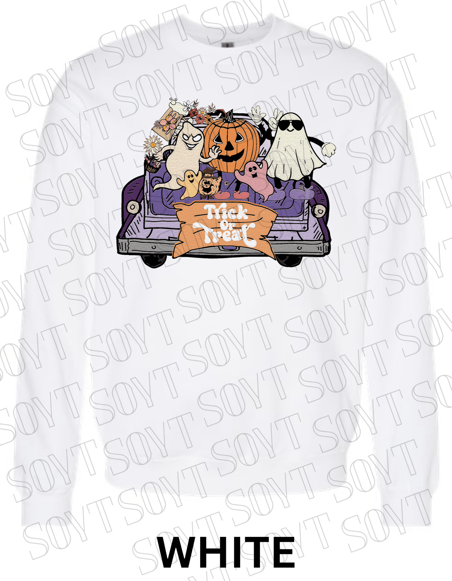 Trick or Treat Halloween Sweatshirt – Cute Ghosts, Pumpkin & Candy Truck Fleece Pullover - Festive Apparel StoreWhite