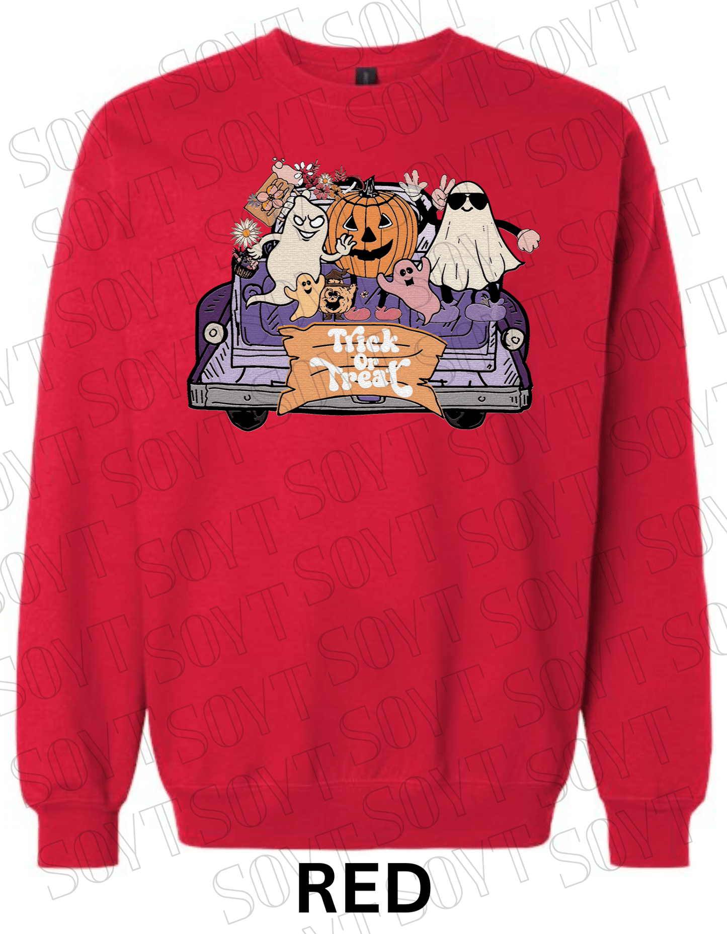 Trick or Treat Halloween Sweatshirt – Cute Ghosts, Pumpkin & Candy Truck Fleece Pullover - Festive Apparel StoreRed