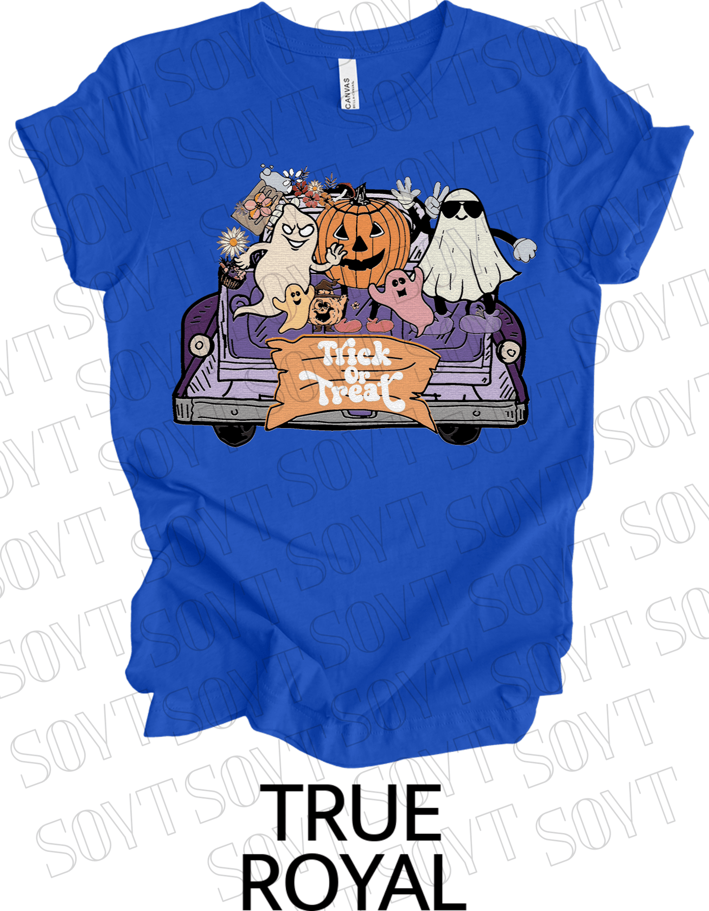 Trick or Treat Halloween T-Shirt – Cute Ghosts, Pumpkin & Fall Truck Graphic Tee - Festive Apparel StoreRoyal Blue