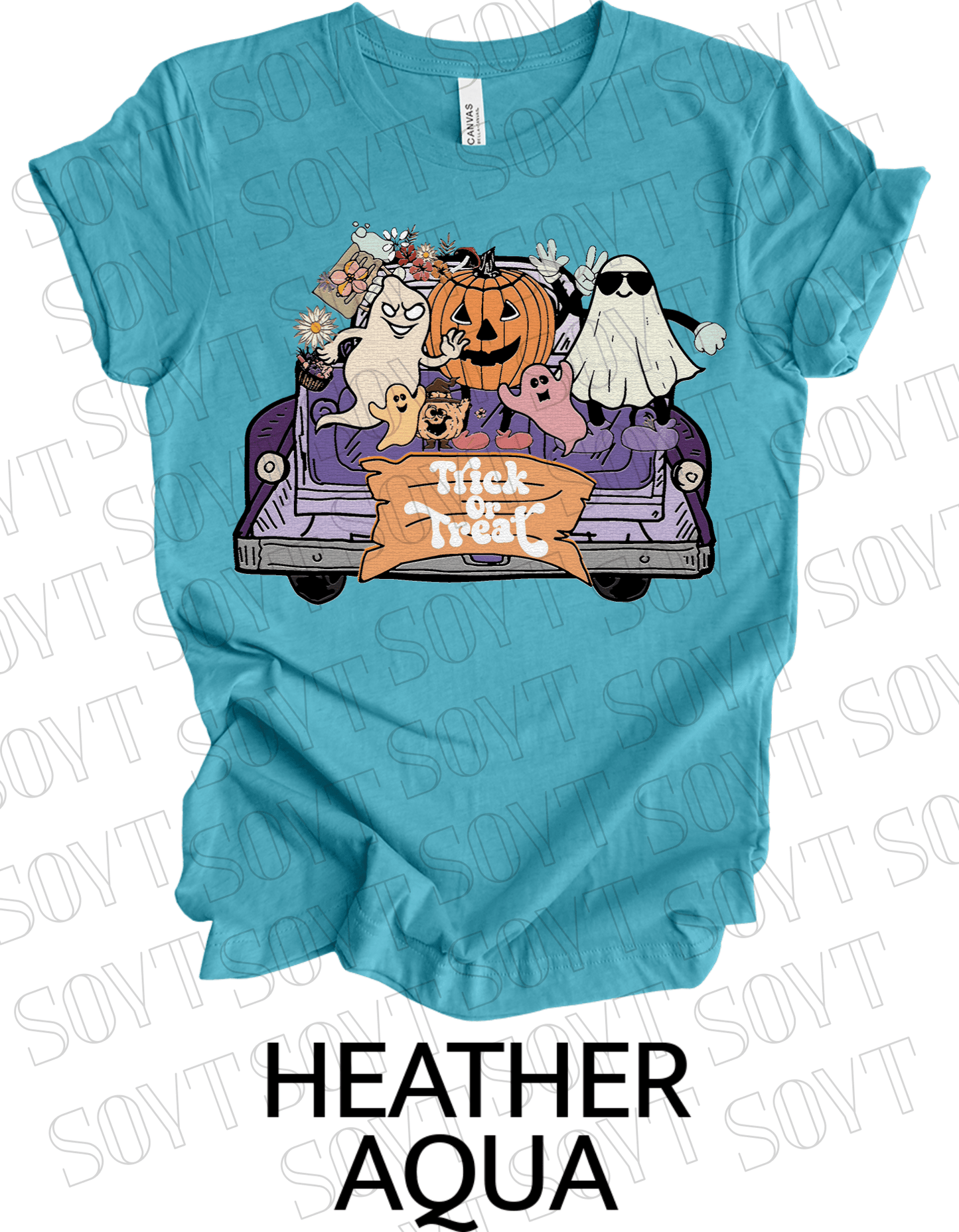 Trick or Treat Halloween T-Shirt – Cute Ghosts, Pumpkin & Fall Truck Graphic Tee - Festive Apparel StoreHeather Aqua