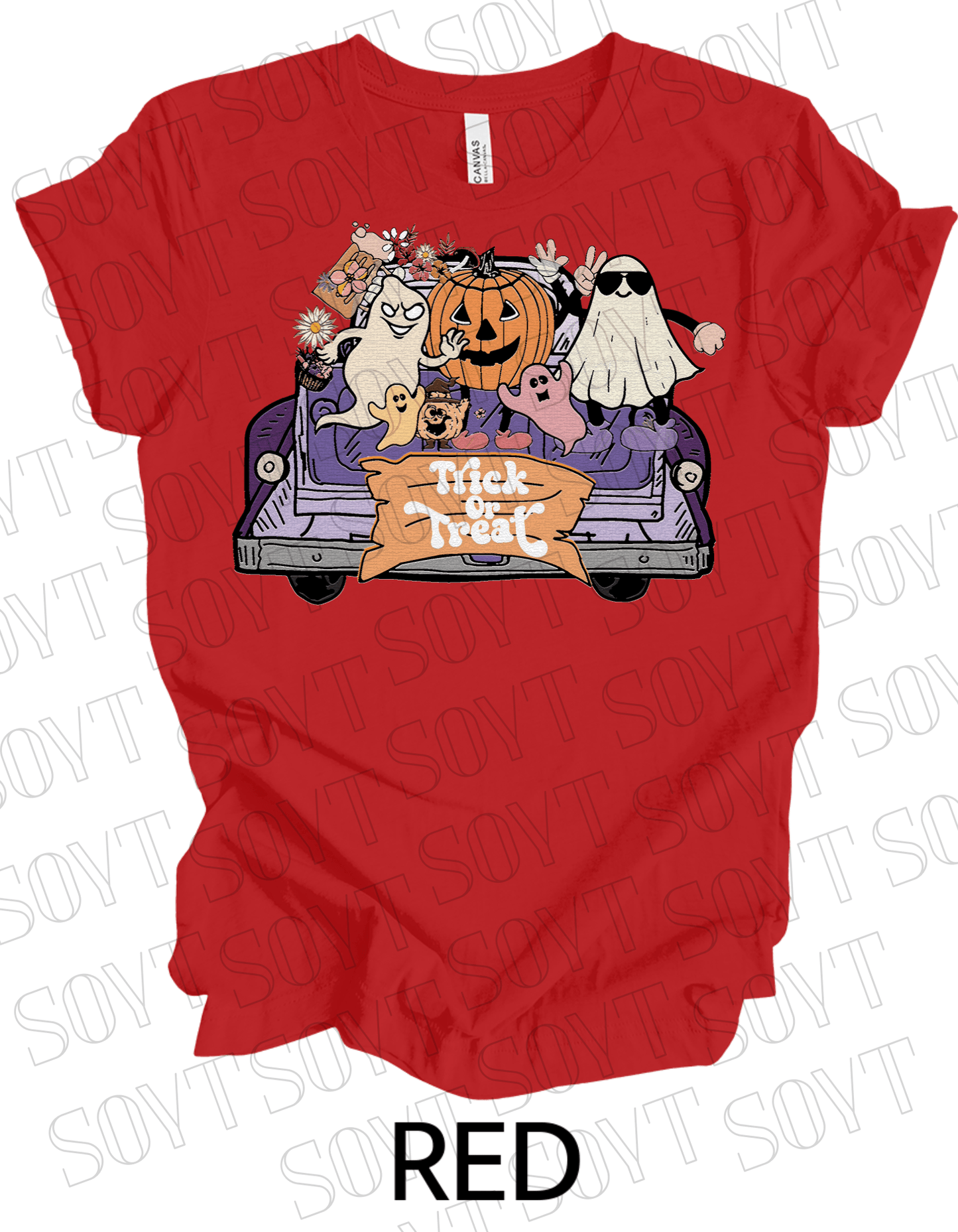 Trick or Treat Halloween T-Shirt – Cute Ghosts, Pumpkin & Fall Truck Graphic Tee - Festive Apparel StoreRed