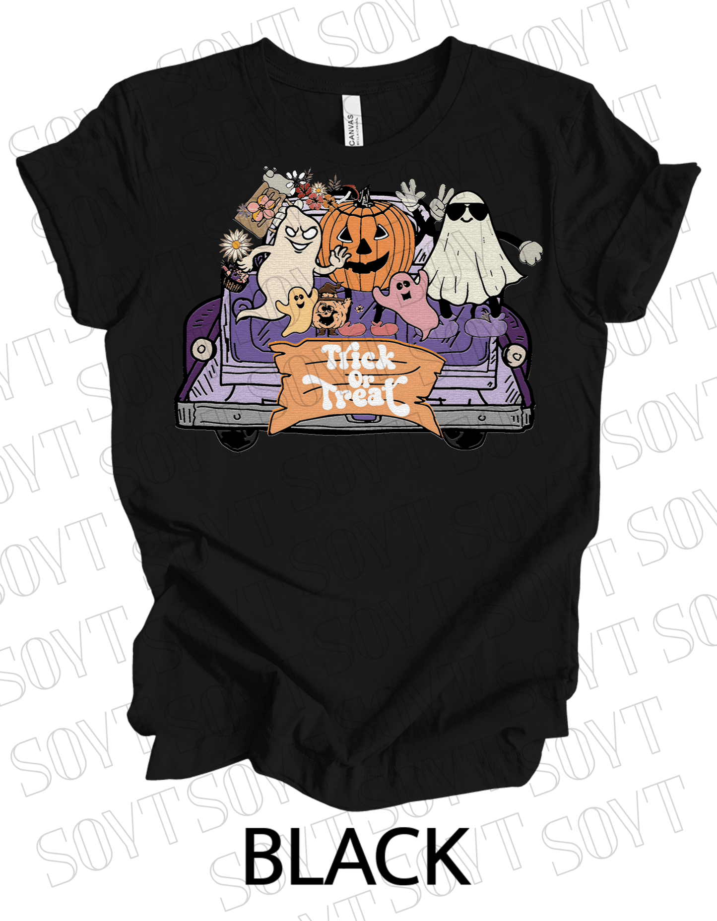 Trick or Treat Halloween T-Shirt – Cute Ghosts, Pumpkin & Fall Truck Graphic Tee - Festive Apparel StoreBlack