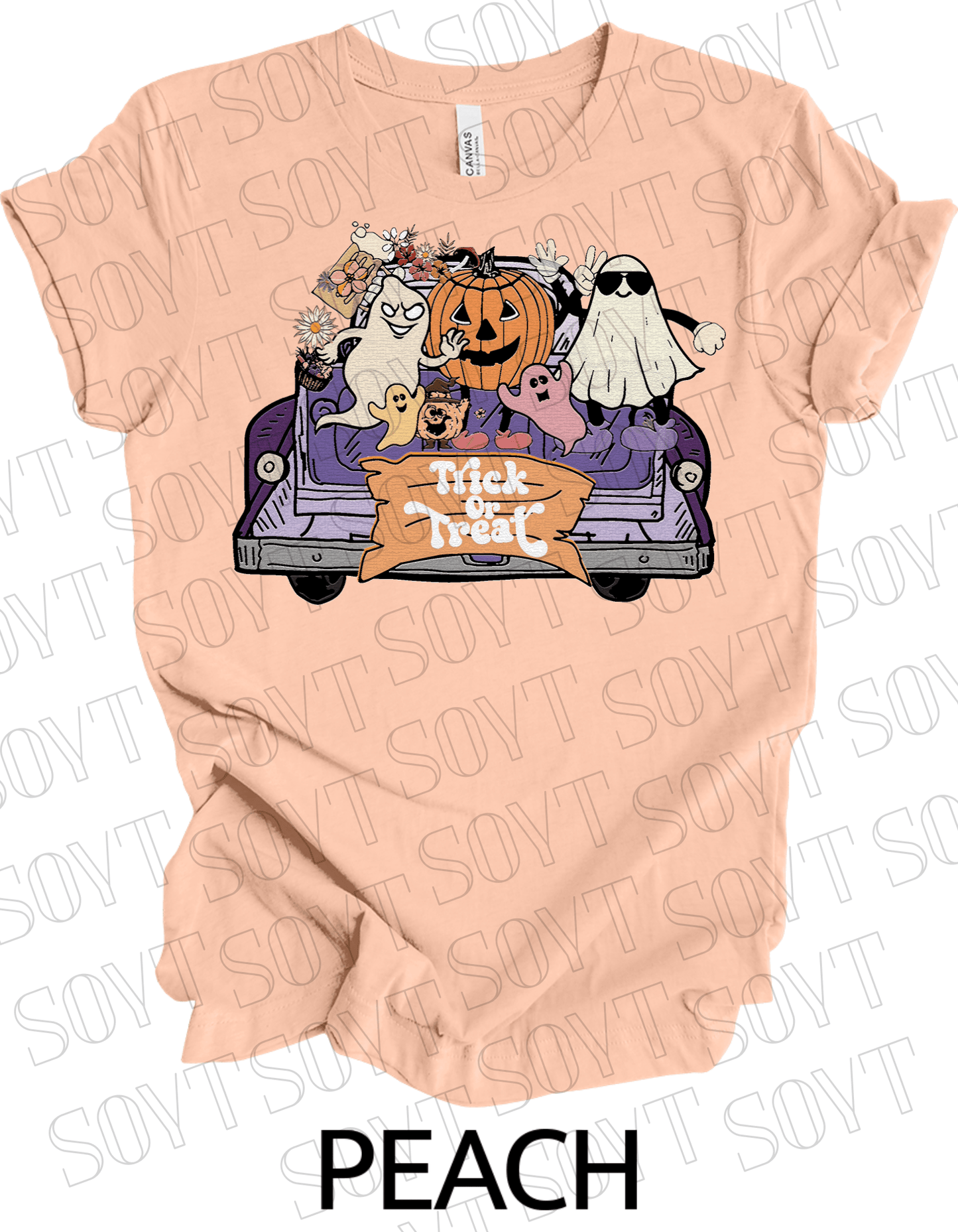 Trick or Treat Halloween T-Shirt – Cute Ghosts, Pumpkin & Fall Truck Graphic Tee - Festive Apparel StorePeach