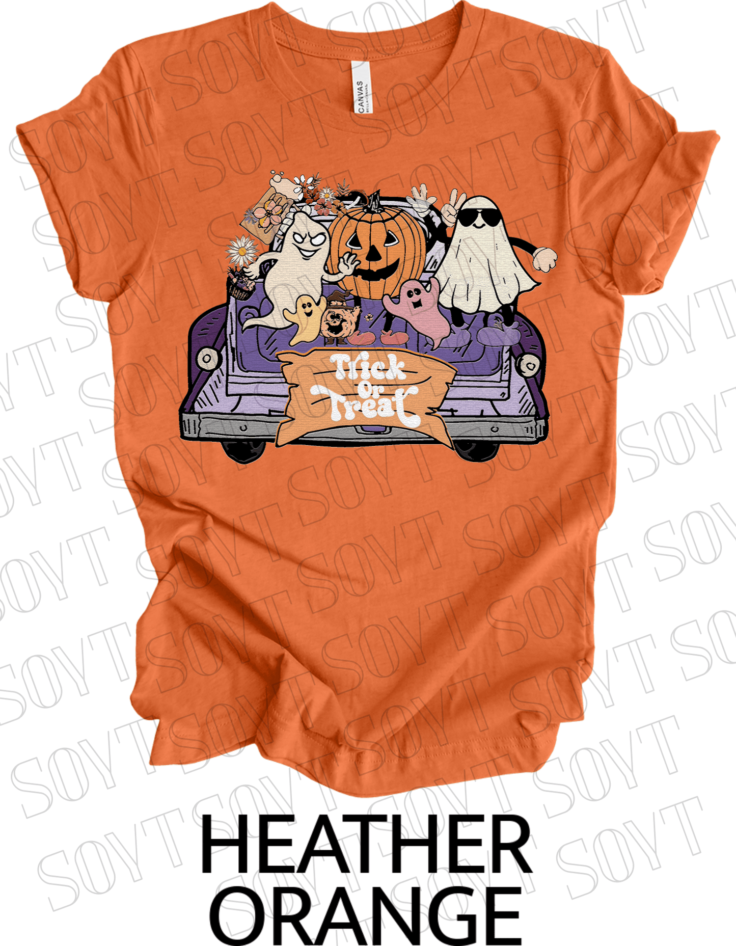 Trick or Treat Halloween T-Shirt – Cute Ghosts, Pumpkin & Fall Truck Graphic Tee - Festive Apparel StoreHeather Orange