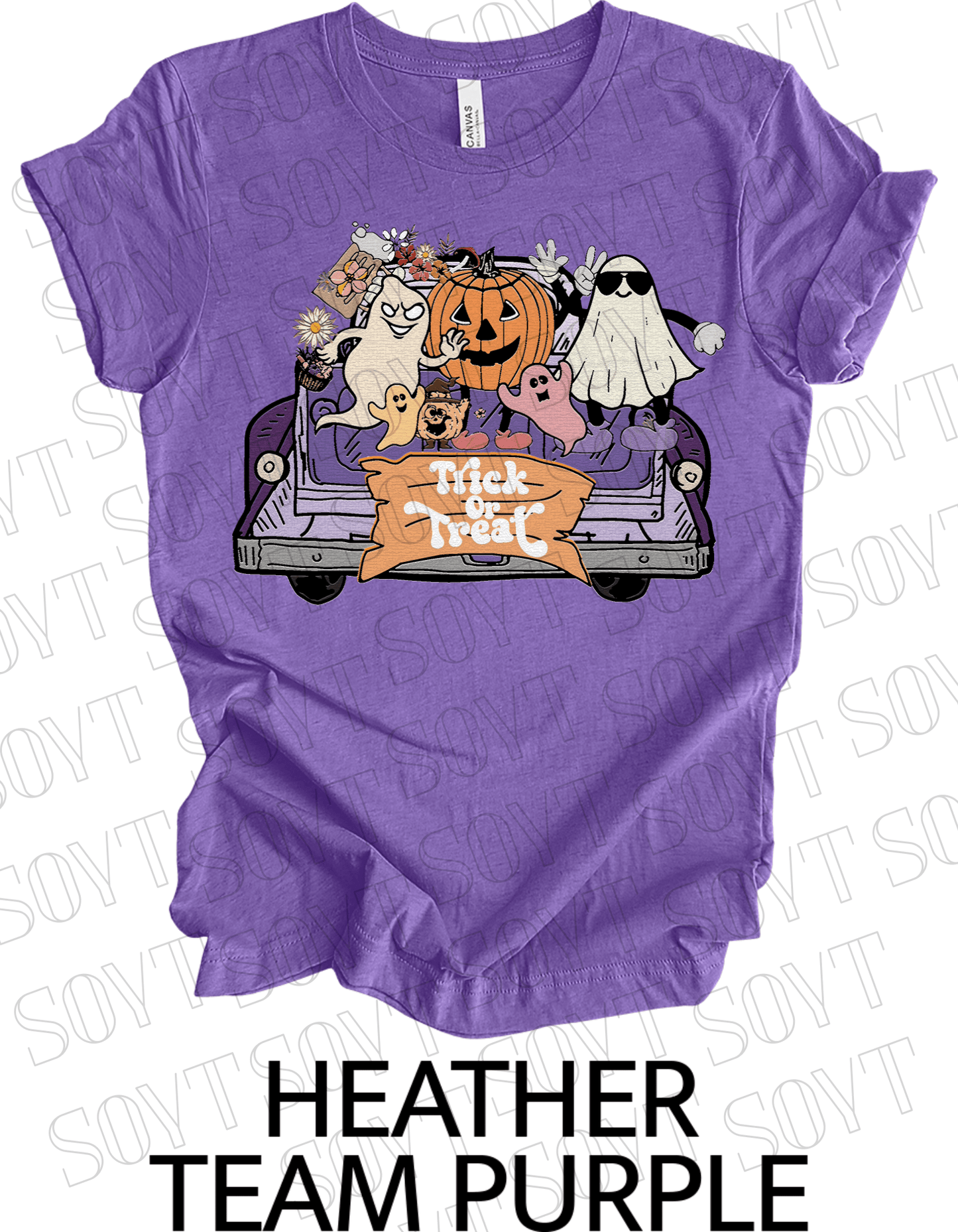 Trick or Treat Halloween T-Shirt – Cute Ghosts, Pumpkin & Fall Truck Graphic Tee - Festive Apparel StoreHeather Purple