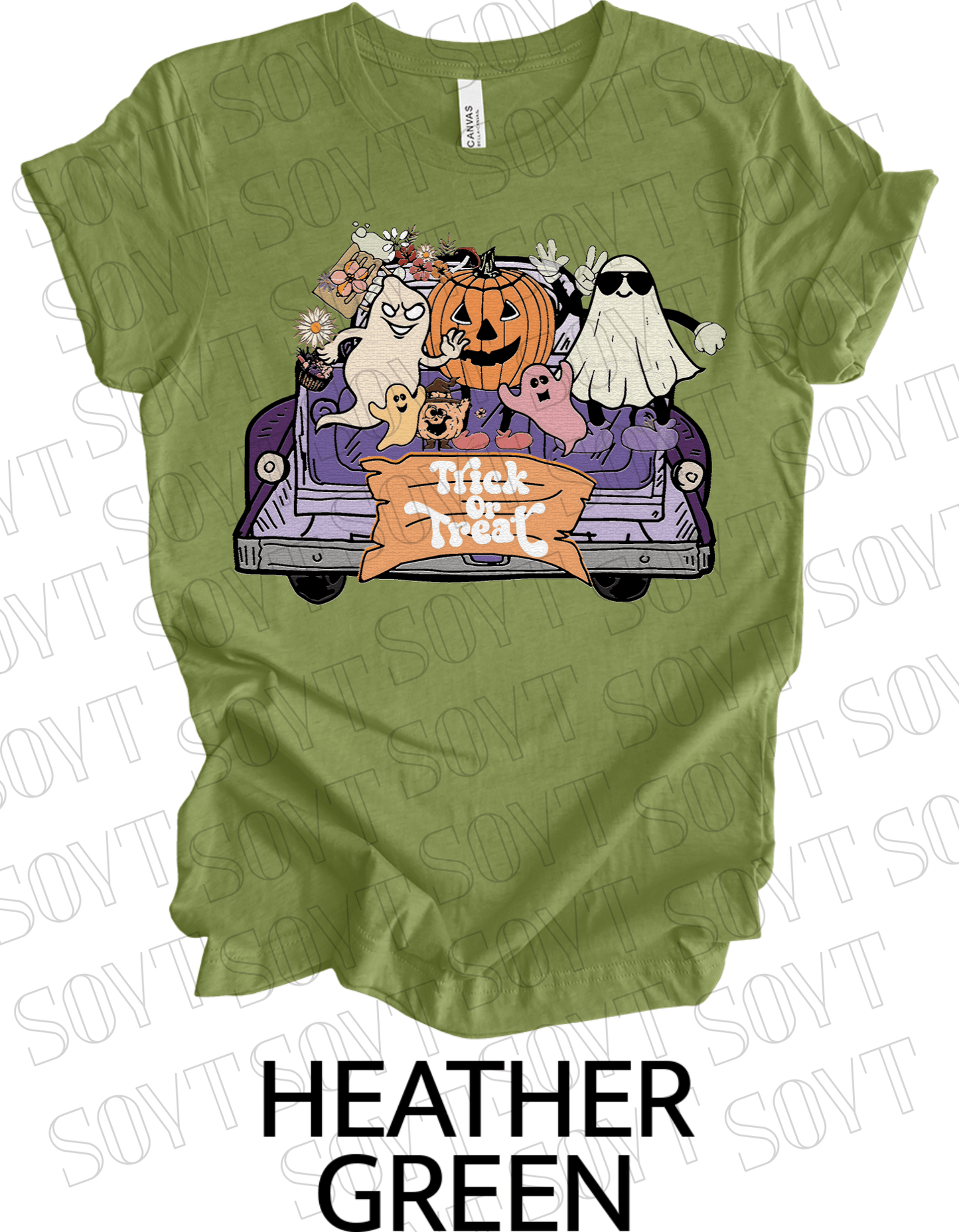 Trick or Treat Halloween T-Shirt – Cute Ghosts, Pumpkin & Fall Truck Graphic Tee - Festive Apparel StoreHeather Green