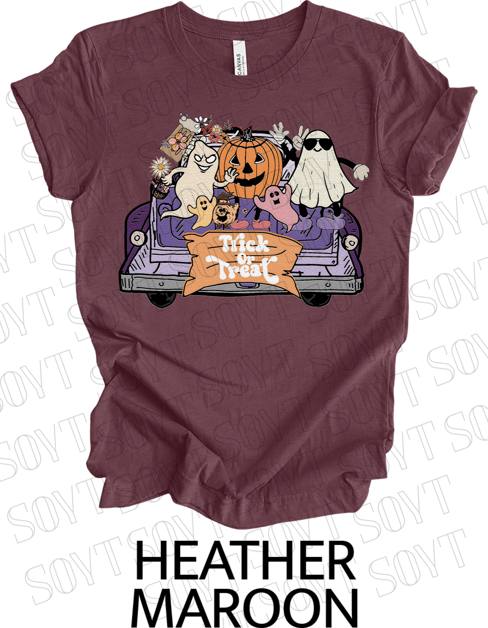 Trick or Treat Halloween T-Shirt – Cute Ghosts, Pumpkin & Fall Truck Graphic Tee - Festive Apparel StoreHeather Maroon