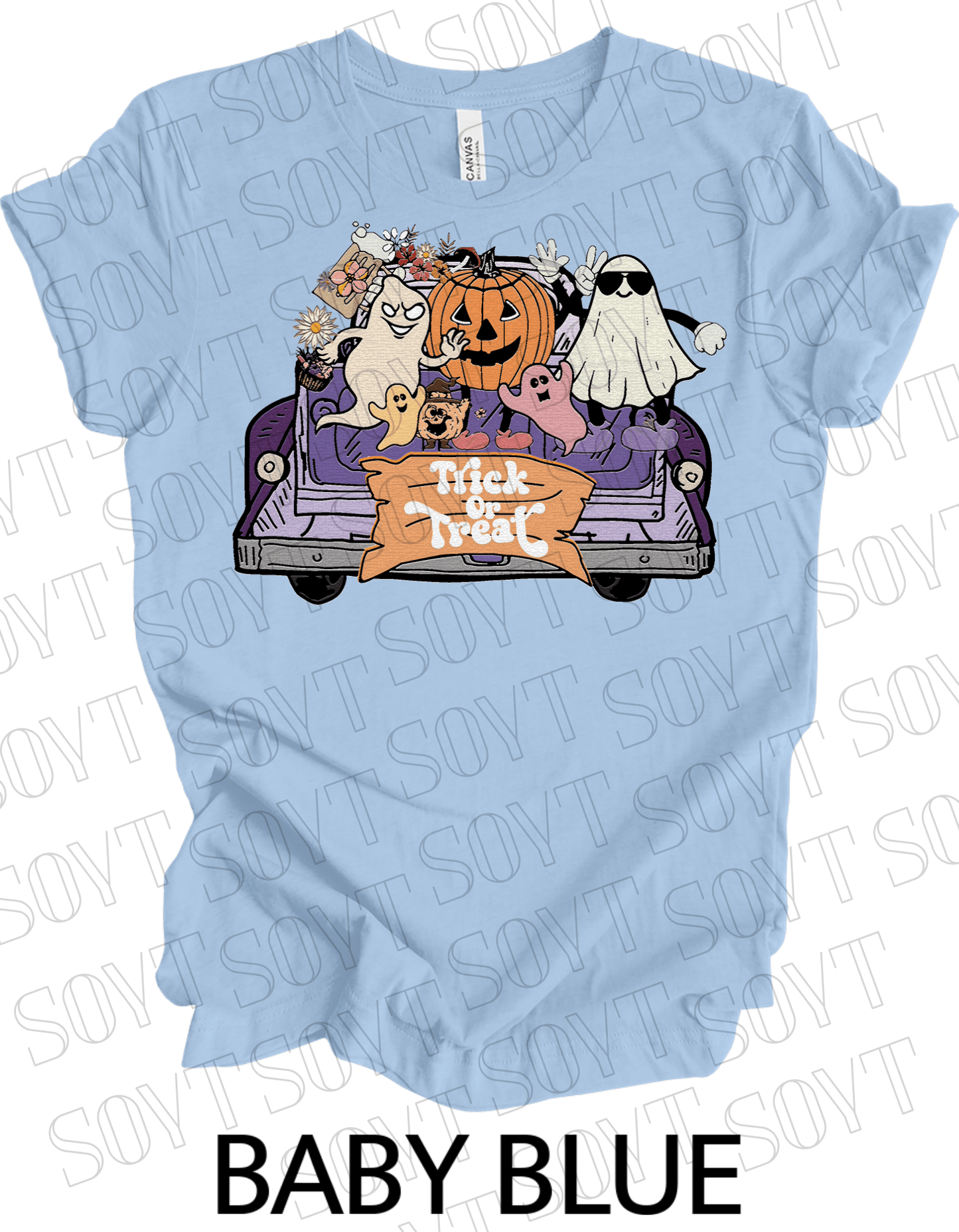 Trick or Treat Halloween T-Shirt – Cute Ghosts, Pumpkin & Fall Truck Graphic Tee - Festive Apparel StoreBaby Blue