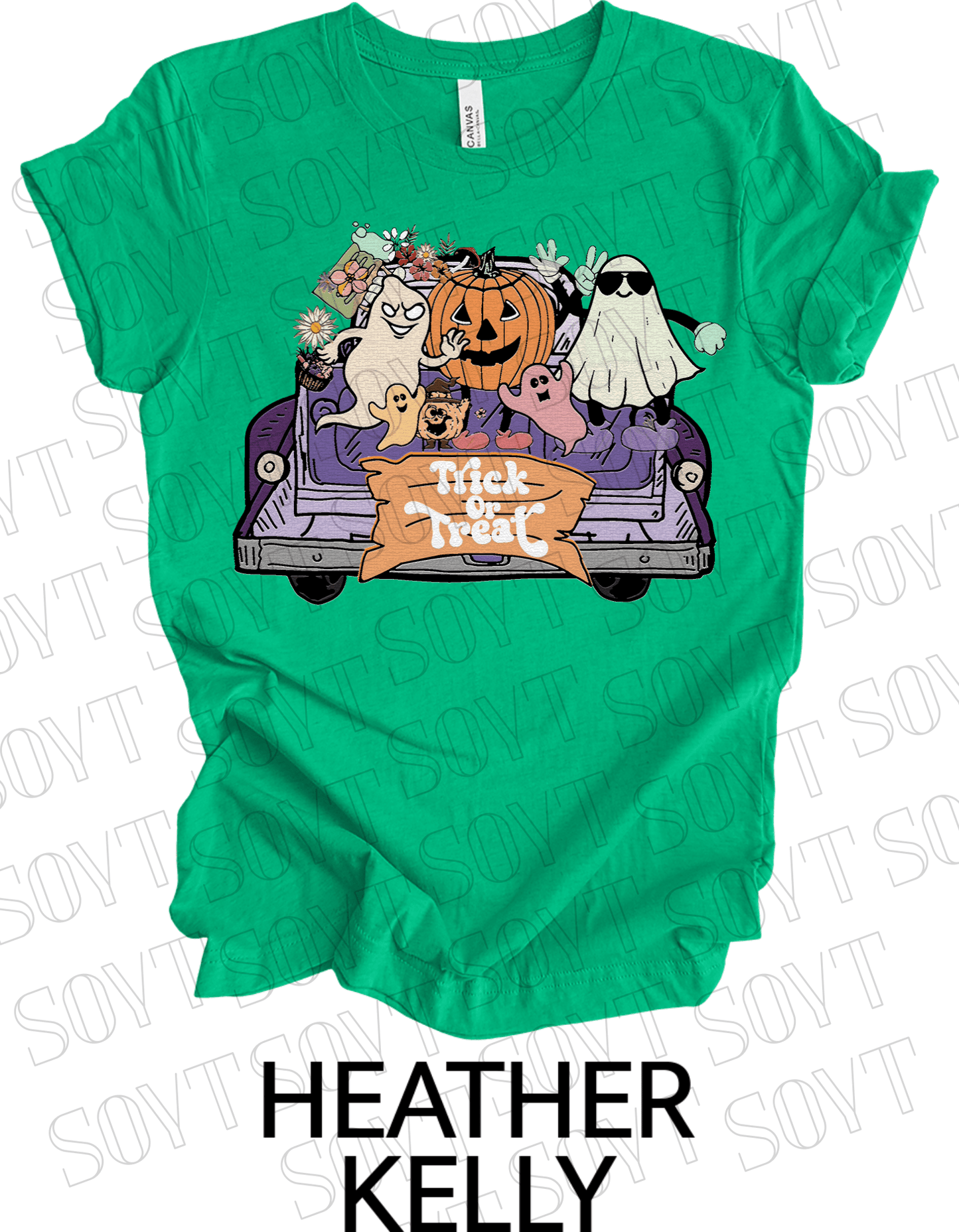 Trick or Treat Halloween T-Shirt – Cute Ghosts, Pumpkin & Fall Truck Graphic Tee - Festive Apparel StoreHeather Kelly Green