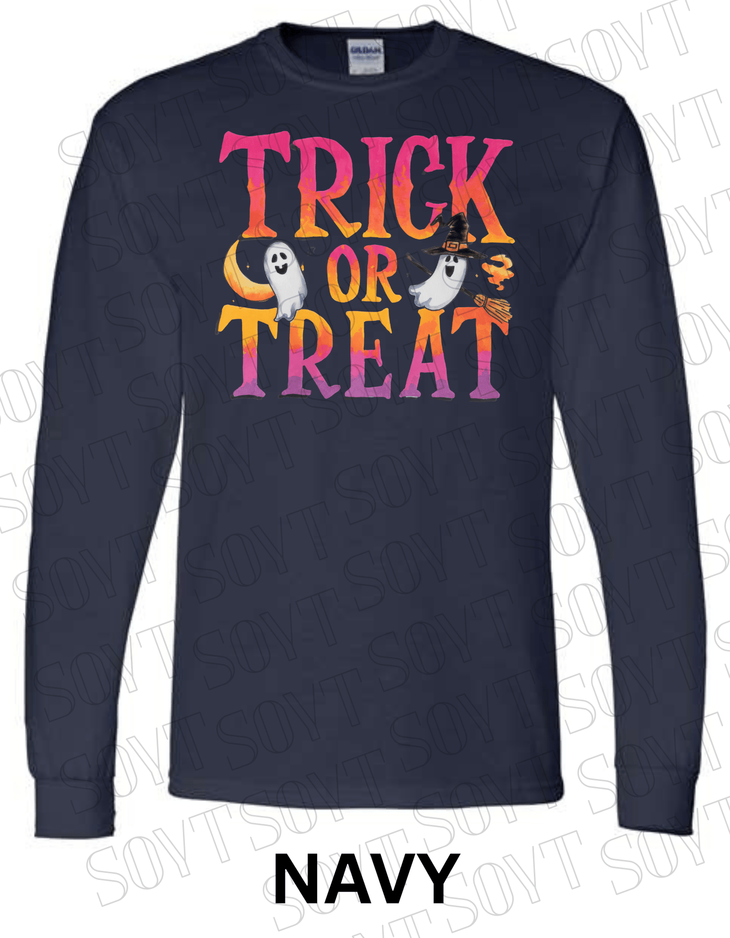 Trick or Treat Long Sleeve Halloween Shirt – Colorful Ghost, Moon & Broom Letter Graphic - Festive Apparel StoreNavy Blue
