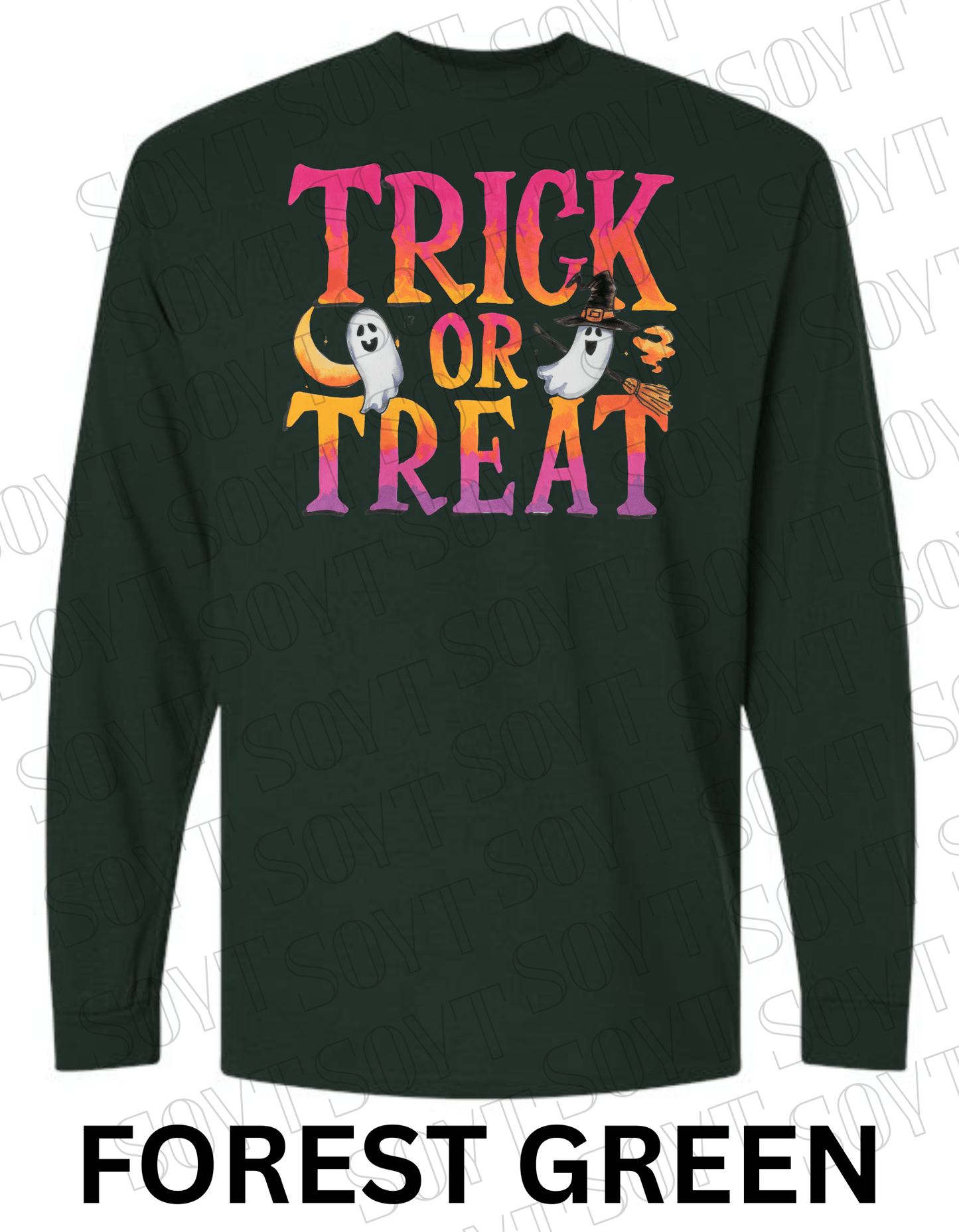 Trick or Treat Long Sleeve Halloween Shirt – Colorful Ghost, Moon & Broom Letter Graphic - Festive Apparel StoreForest Green