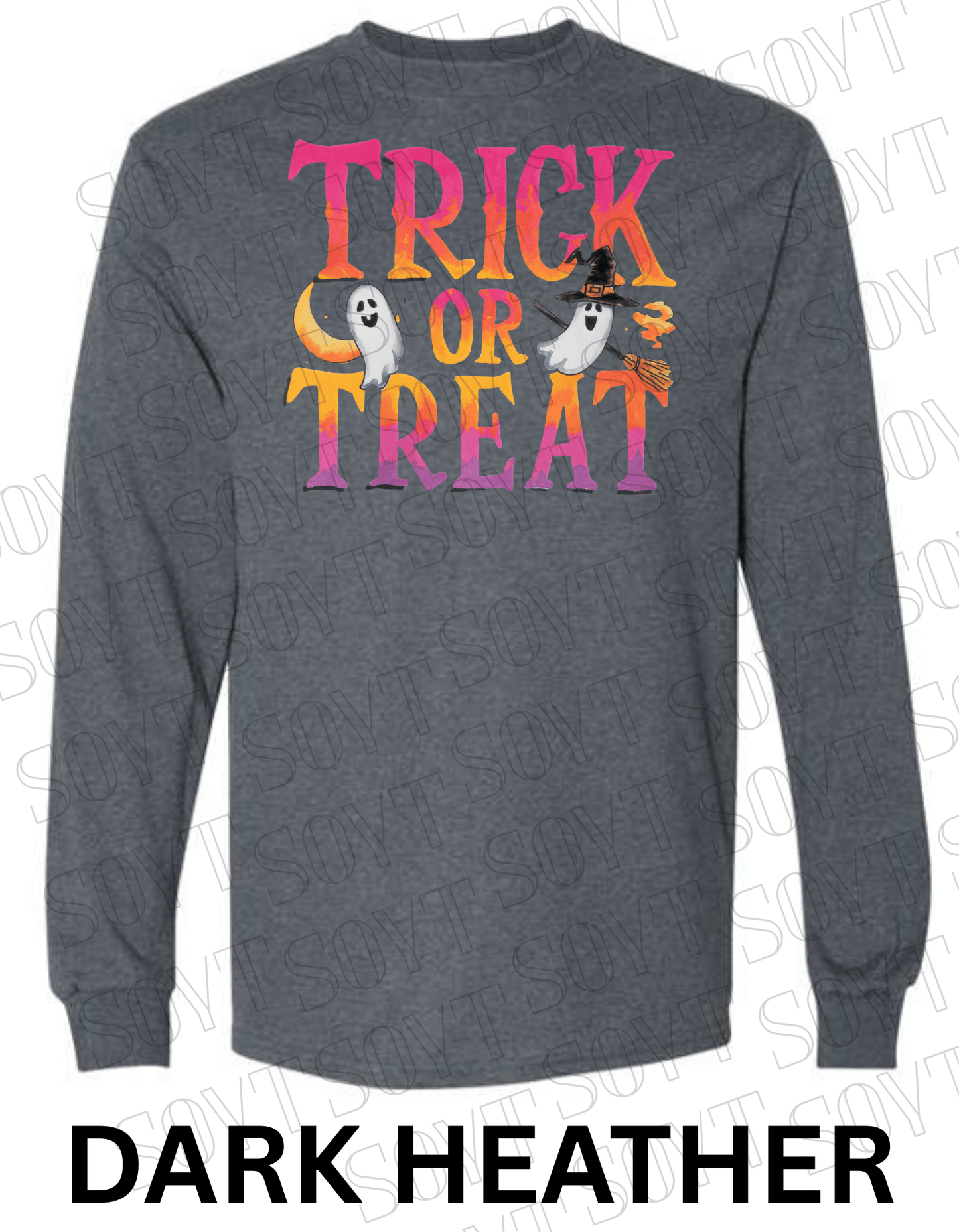 Trick or Treat Long Sleeve Halloween Shirt – Colorful Ghost, Moon & Broom Letter Graphic - Festive Apparel StoreDark Heather