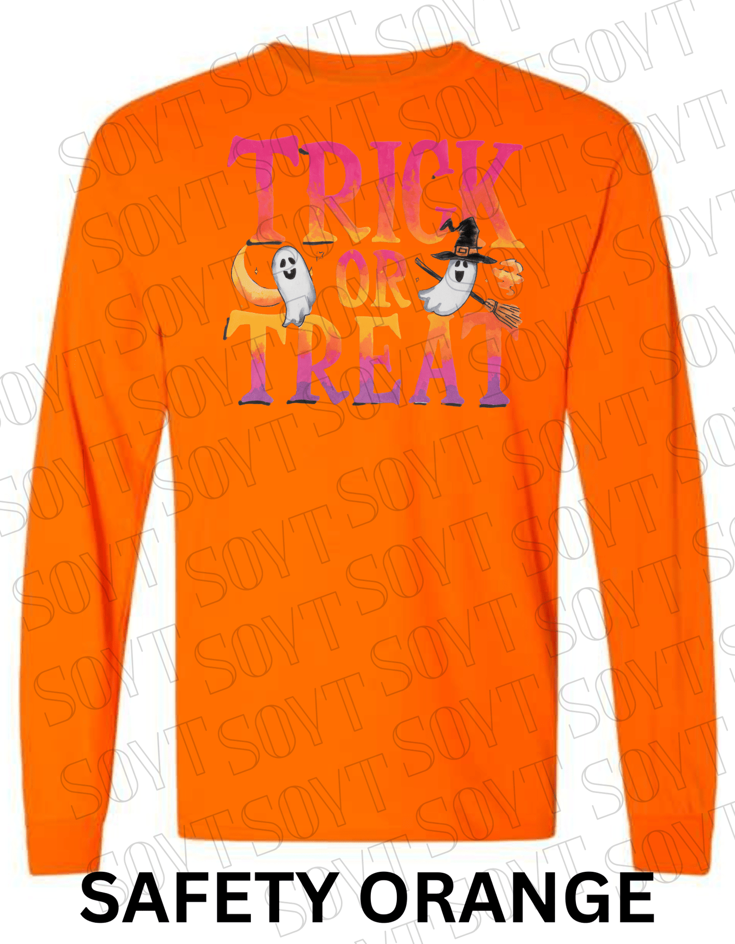 Trick or Treat Long Sleeve Halloween Shirt – Colorful Ghost, Moon & Broom Letter Graphic - Festive Apparel StoreSafety Orange