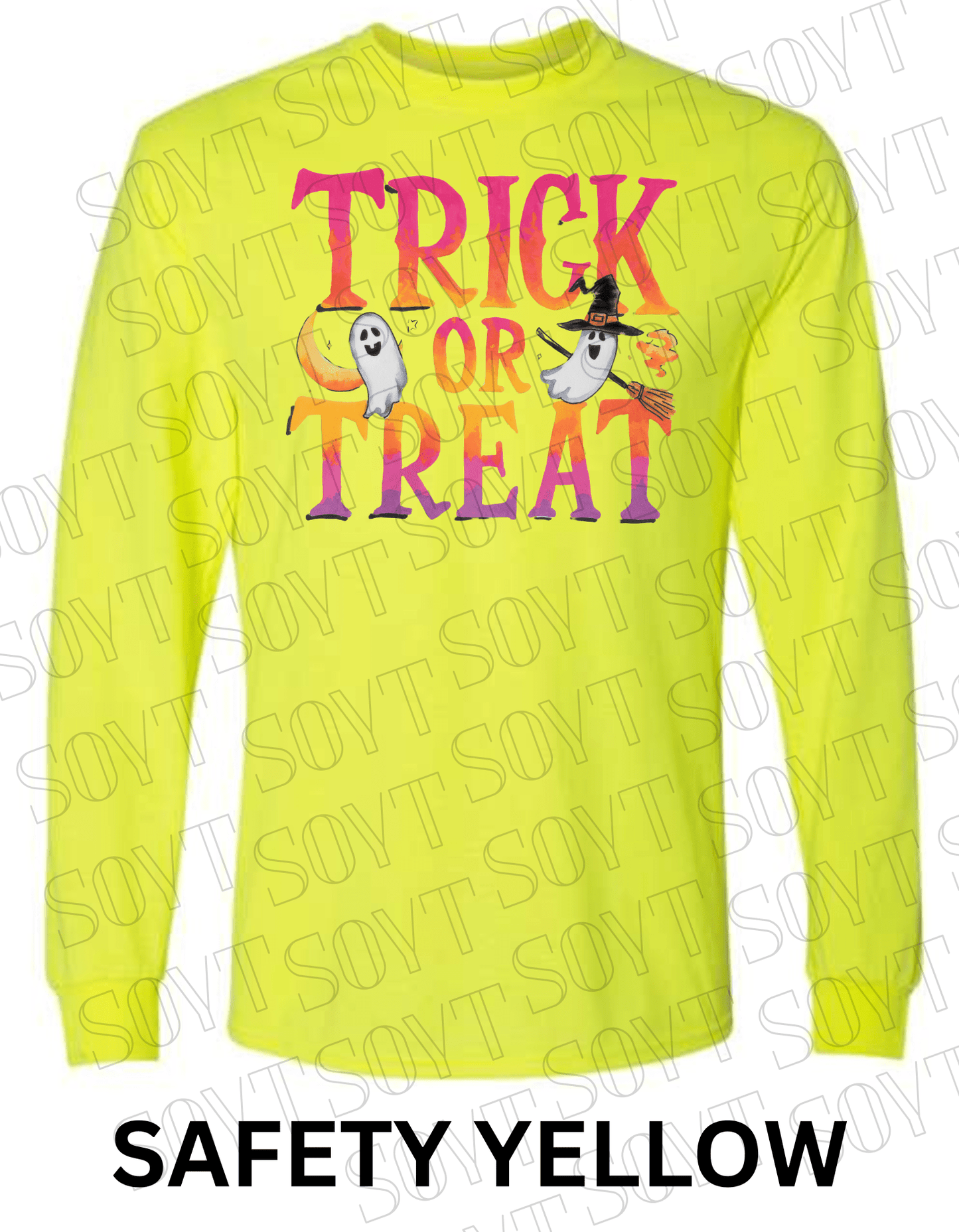 Trick or Treat Long Sleeve Halloween Shirt – Colorful Ghost, Moon & Broom Letter Graphic - Festive Apparel StoreSafety Yellow