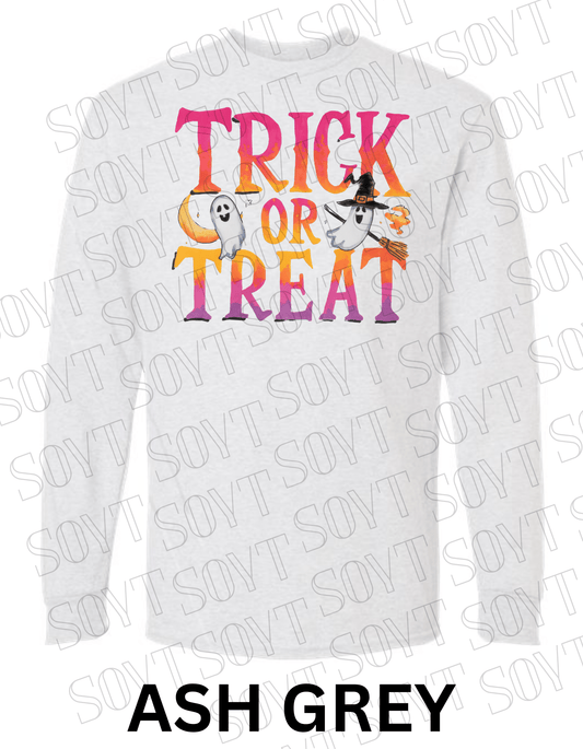 Trick or Treat Long Sleeve Halloween Shirt – Colorful Ghost, Moon & Broom Letter Graphic - Festive Apparel StoreAsh Gray