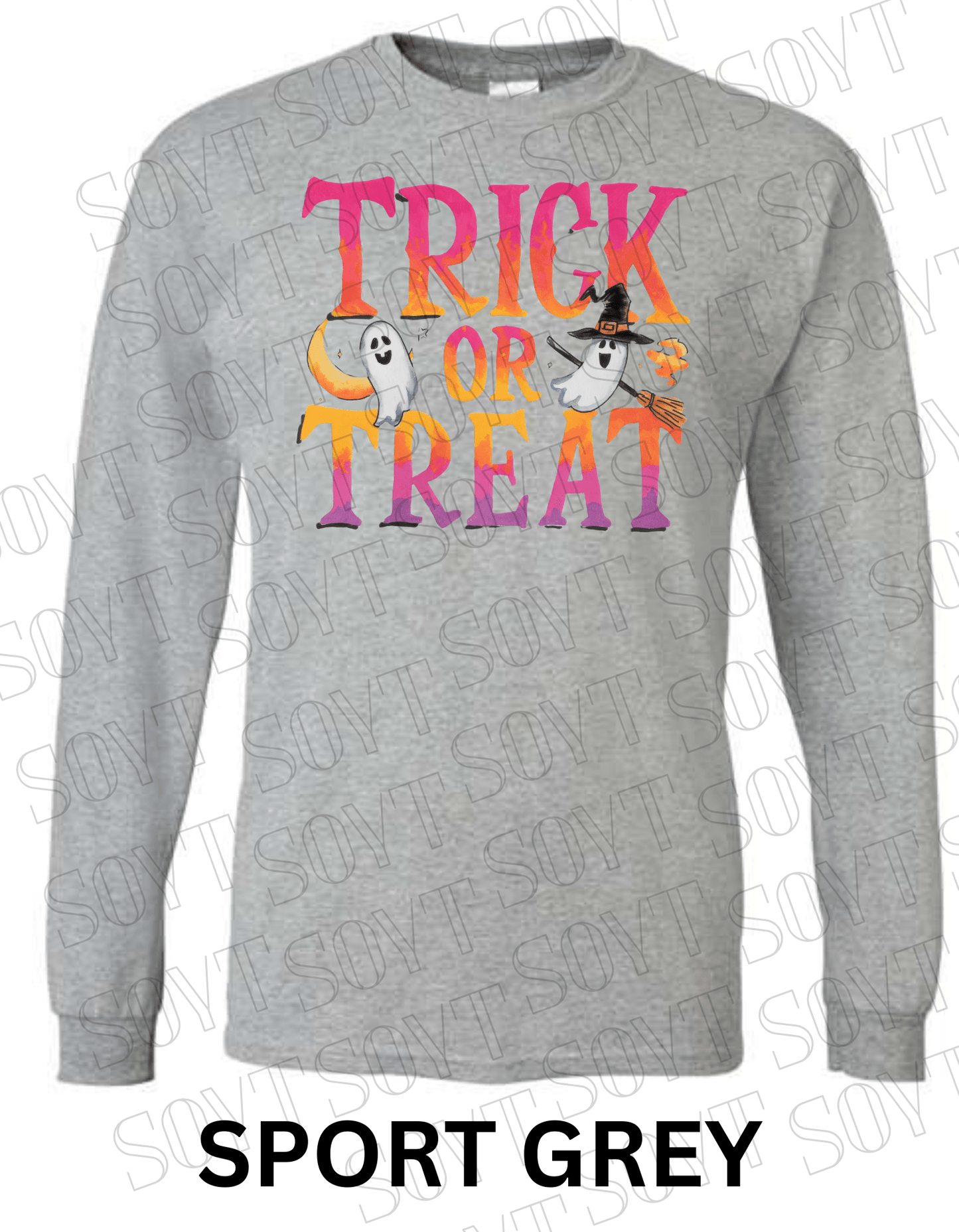 Trick or Treat Long Sleeve Halloween Shirt – Colorful Ghost, Moon & Broom Letter Graphic - Festive Apparel StoreSport Grey