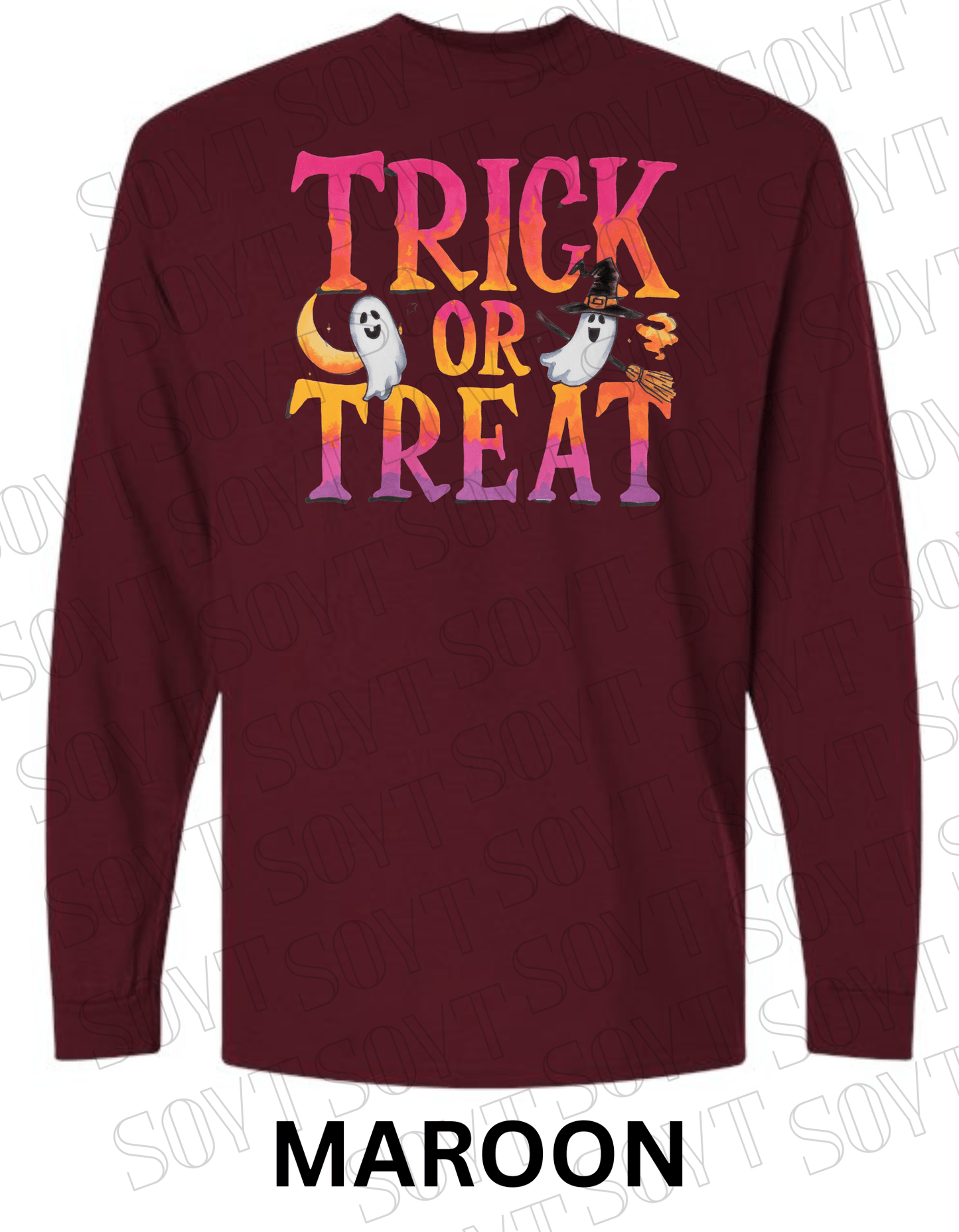 Trick or Treat Long Sleeve Halloween Shirt – Colorful Ghost, Moon & Broom Letter Graphic - Festive Apparel StoreMaroon