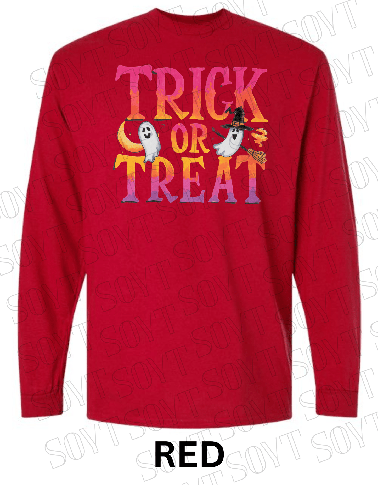 Trick or Treat Long Sleeve Halloween Shirt – Colorful Ghost, Moon & Broom Letter Graphic - Festive Apparel StoreRed