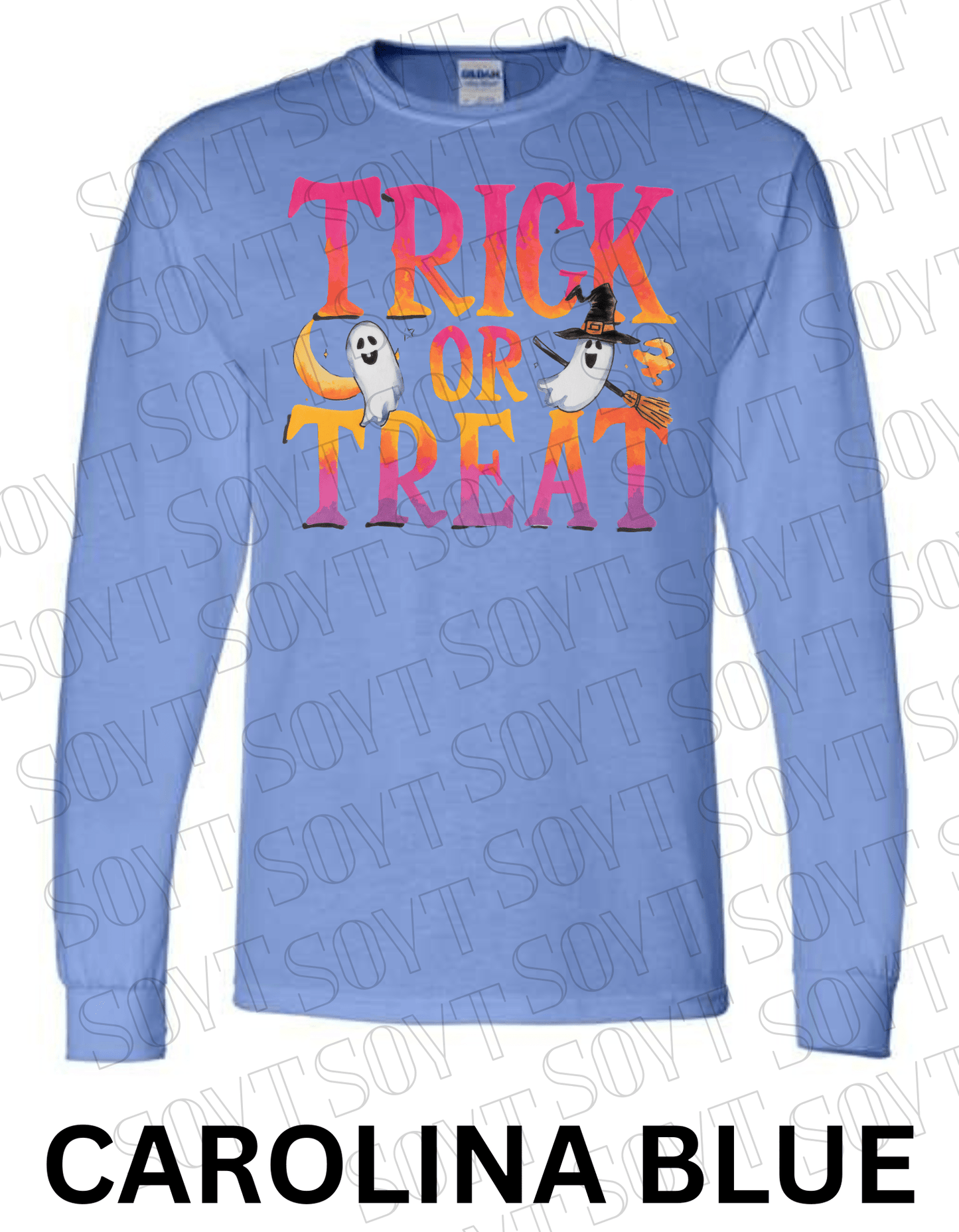 Trick or Treat Long Sleeve Halloween Shirt – Colorful Ghost, Moon & Broom Letter Graphic - Festive Apparel StoreCarolina Blue