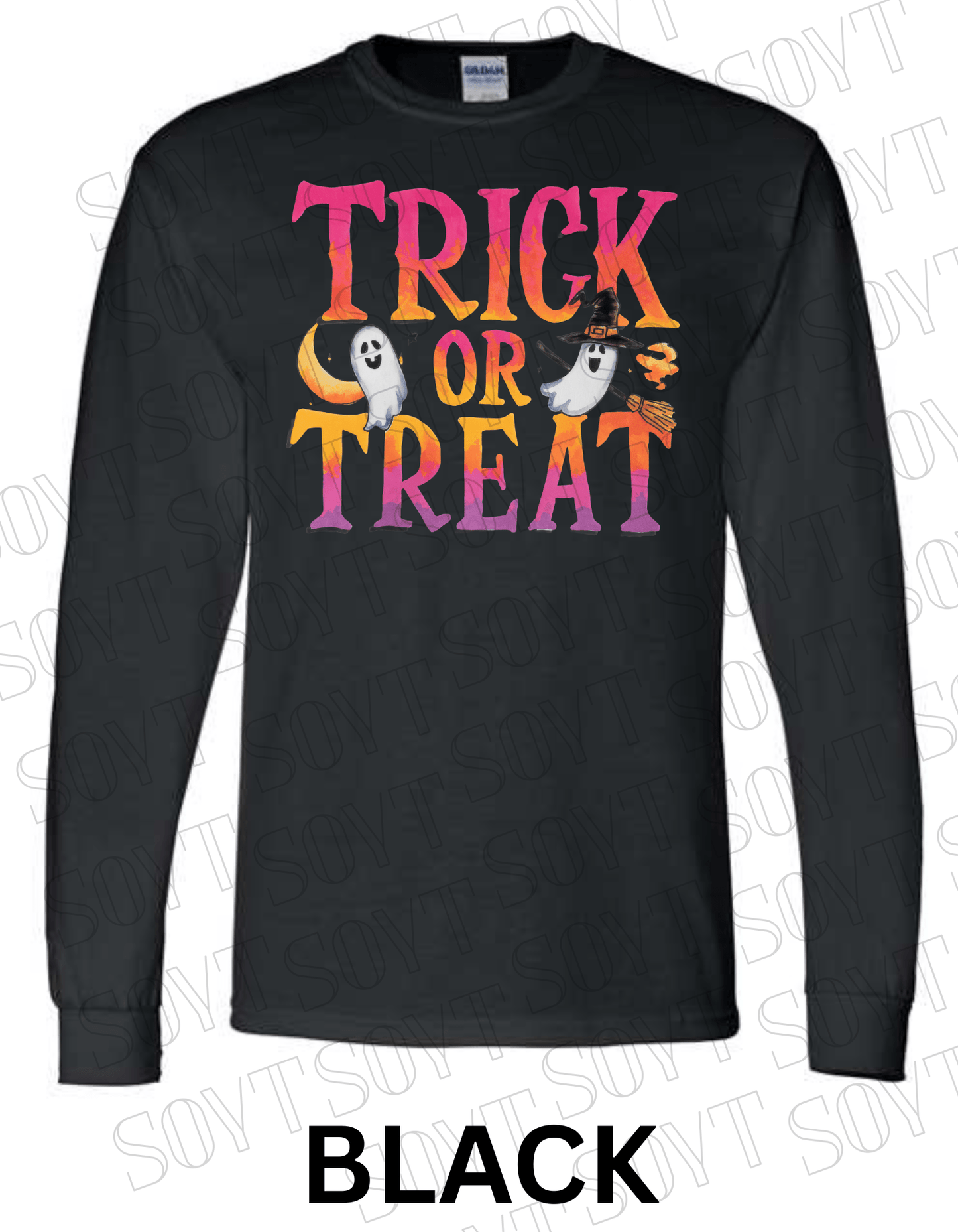 Trick or Treat Long Sleeve Halloween Shirt – Colorful Ghost, Moon & Broom Letter Graphic - Festive Apparel StoreBlack