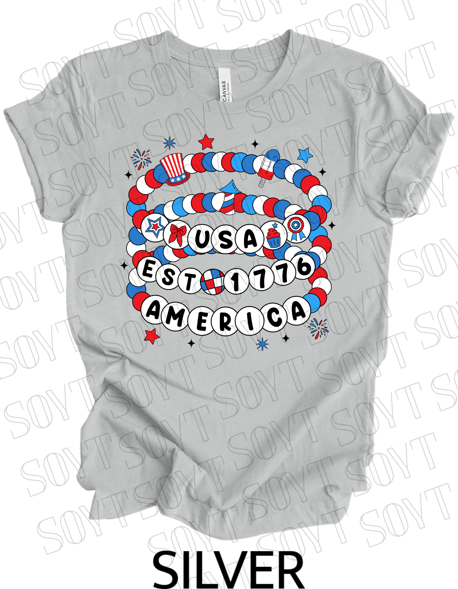 USA Beaded Bracelet Tee – EST 1776 America Graphic Shirt | Patriotic 4th of July Aesthetic - Festive Apparel StoreSilver