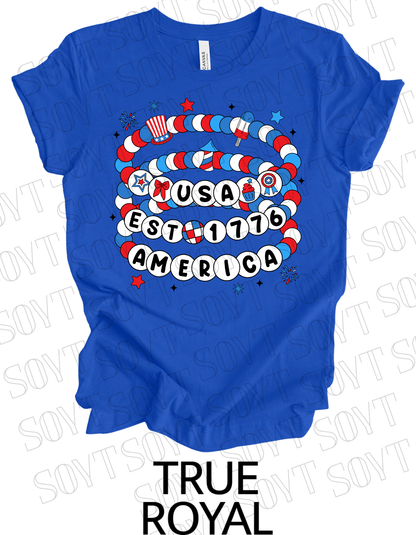 USA Beaded Bracelet Tee – EST 1776 America Graphic Shirt | Patriotic 4th of July Aesthetic - Festive Apparel StoreRoyal Blue