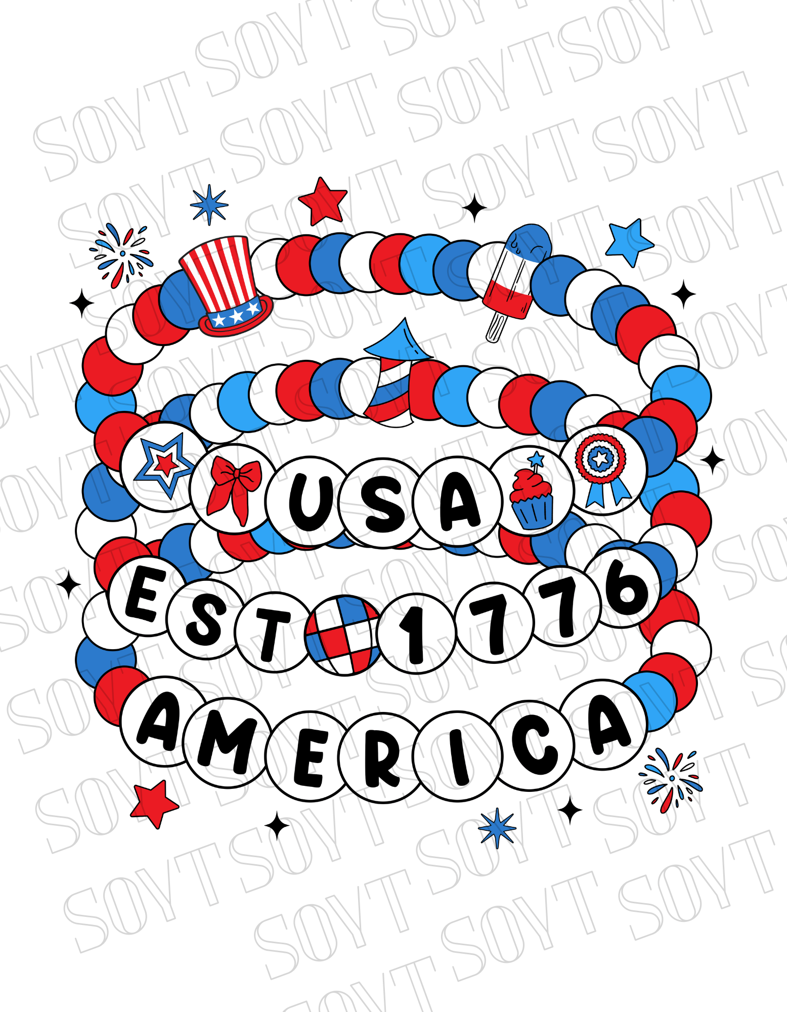 USA Beaded Bracelet Tee – EST 1776 America Graphic Shirt | Patriotic 4th of July Aesthetic - Festive Apparel StoreWhite