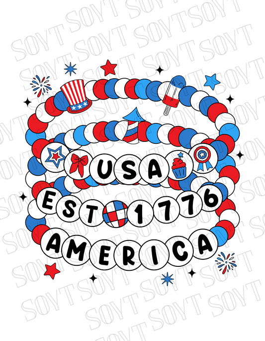 USA Beaded Bracelet Tee – EST 1776 America Graphic Shirt | Patriotic 4th of July Aesthetic - Festive Apparel StoreWhite