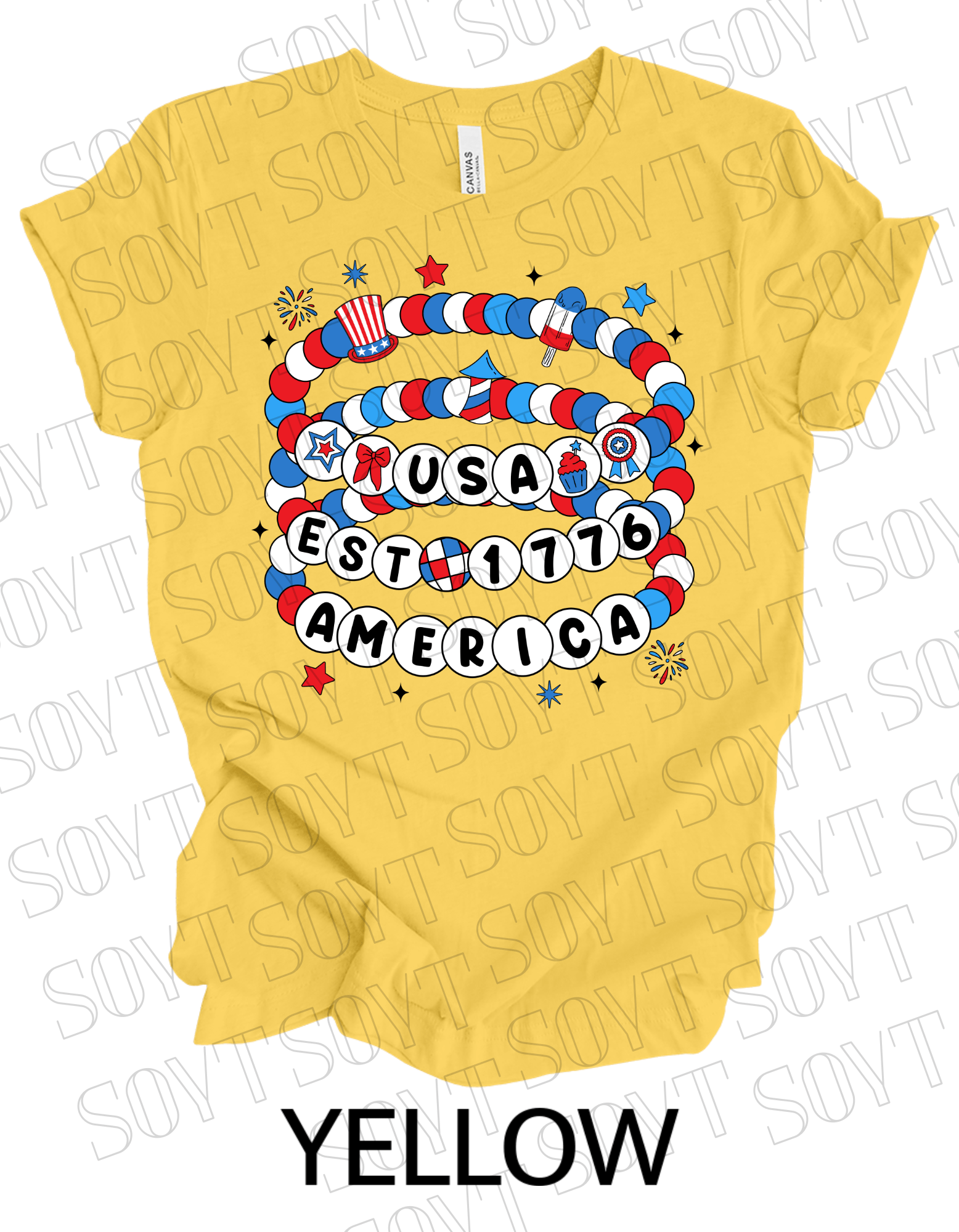 USA Beaded Bracelet Tee – EST 1776 America Graphic Shirt | Patriotic 4th of July Aesthetic - Festive Apparel StoreYellow