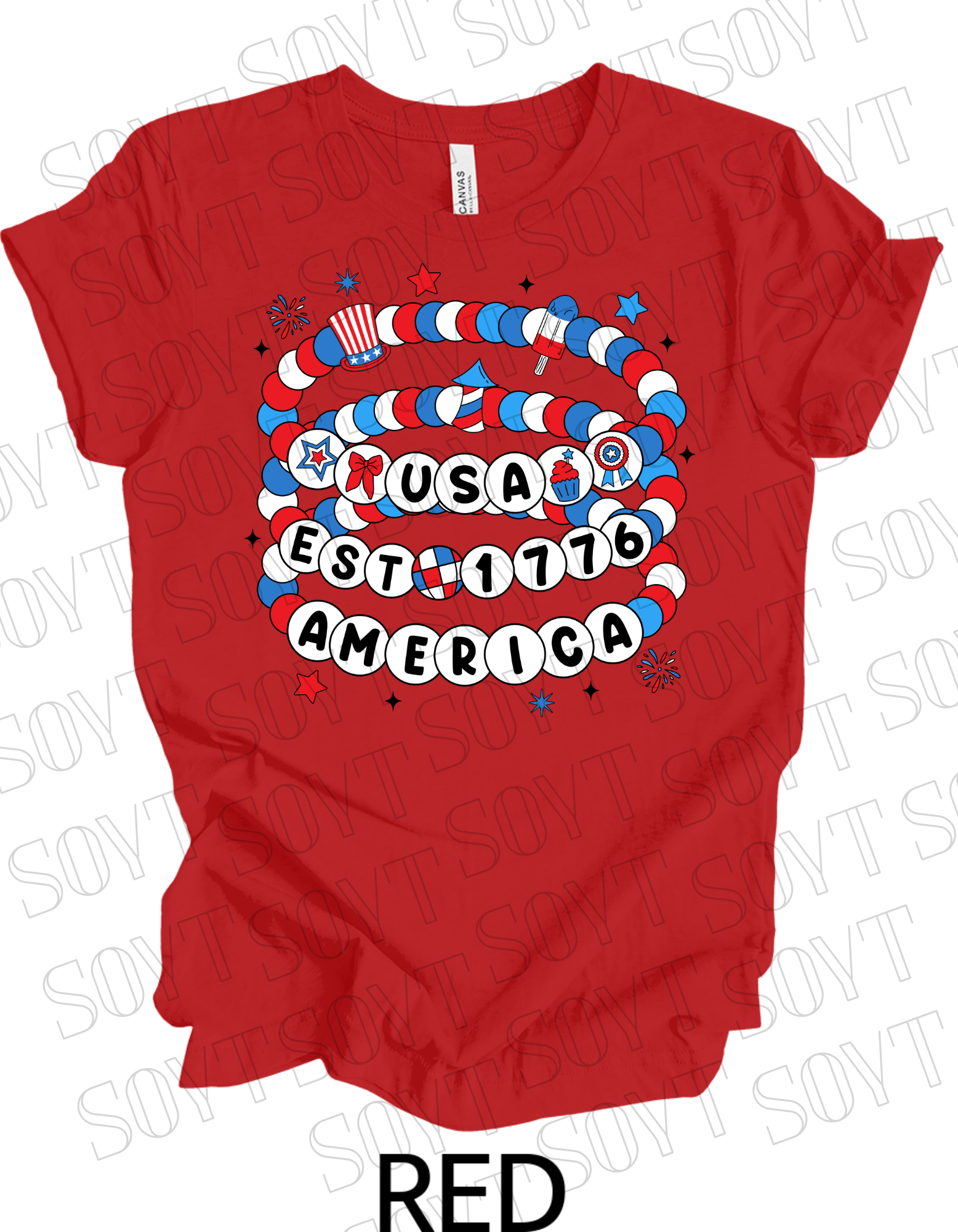 USA Beaded Bracelet Tee – EST 1776 America Graphic Shirt | Patriotic 4th of July Aesthetic - Festive Apparel StoreRed
