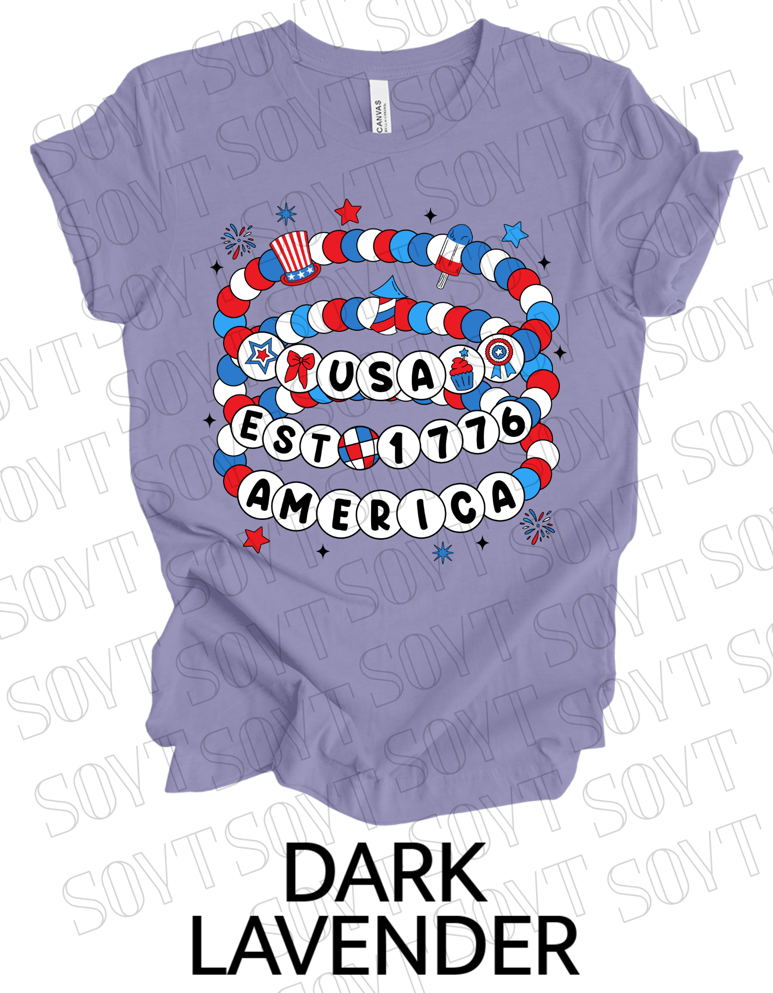 USA Beaded Bracelet Tee – EST 1776 America Graphic Shirt | Patriotic 4th of July Aesthetic - Festive Apparel StoreDark Lavender