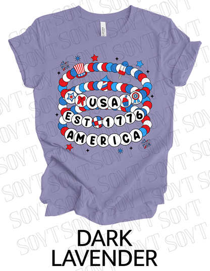 USA Beaded Bracelet Tee – EST 1776 America Graphic Shirt | Patriotic 4th of July Aesthetic - Festive Apparel StoreDark Lavender