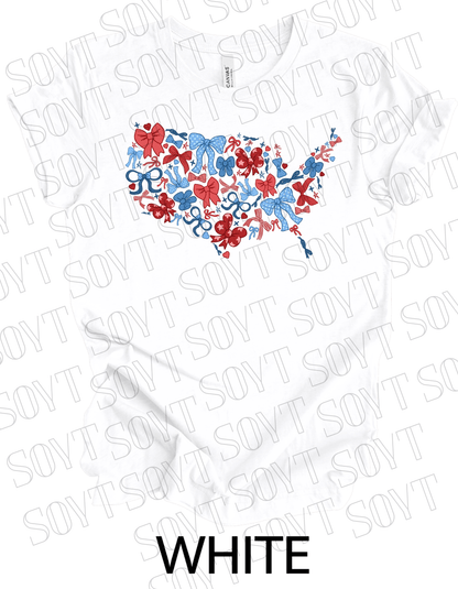 USA Bow Map T-Shirt – Cute Patriotic America Shape Tee with Bows | Made in USA - Festive Apparel StoreWhite