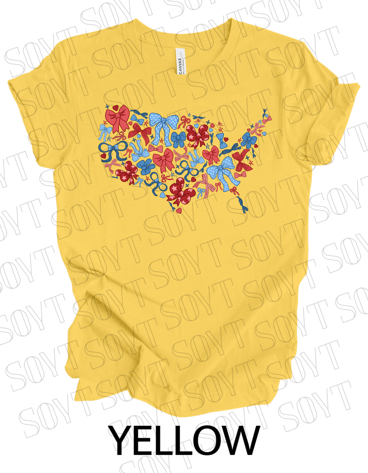 USA Bow Map T-Shirt – Cute Patriotic America Shape Tee with Bows | Made in USA - Festive Apparel StoreYellow